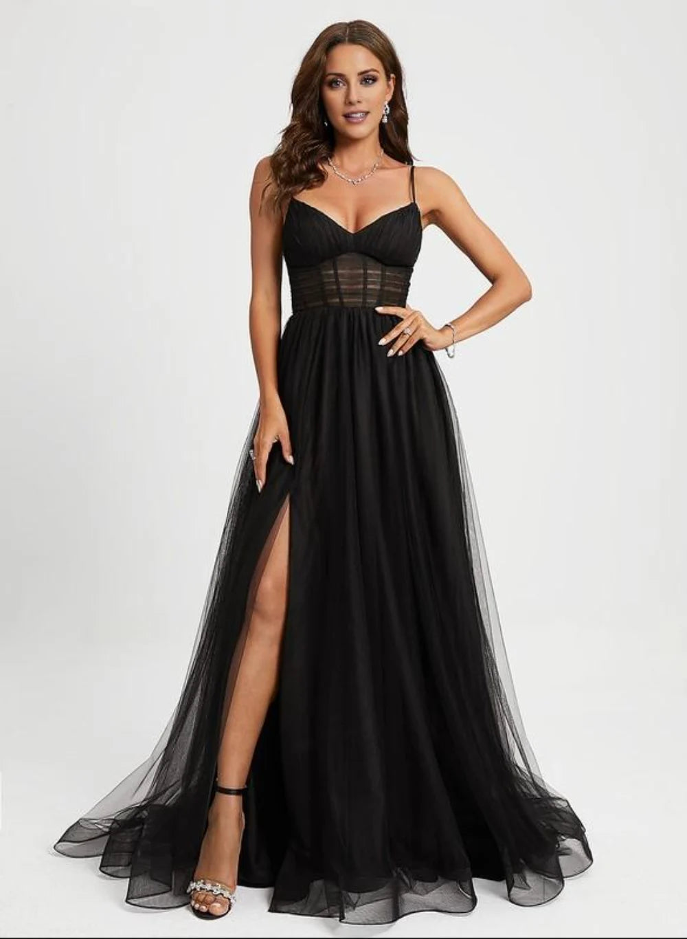 Weitese Dress Fashion Ball-Gown/Princess V-Neck Sweep Train Tulle Prom Dresses With Pleated Backless Sleeveless Maxi Dress