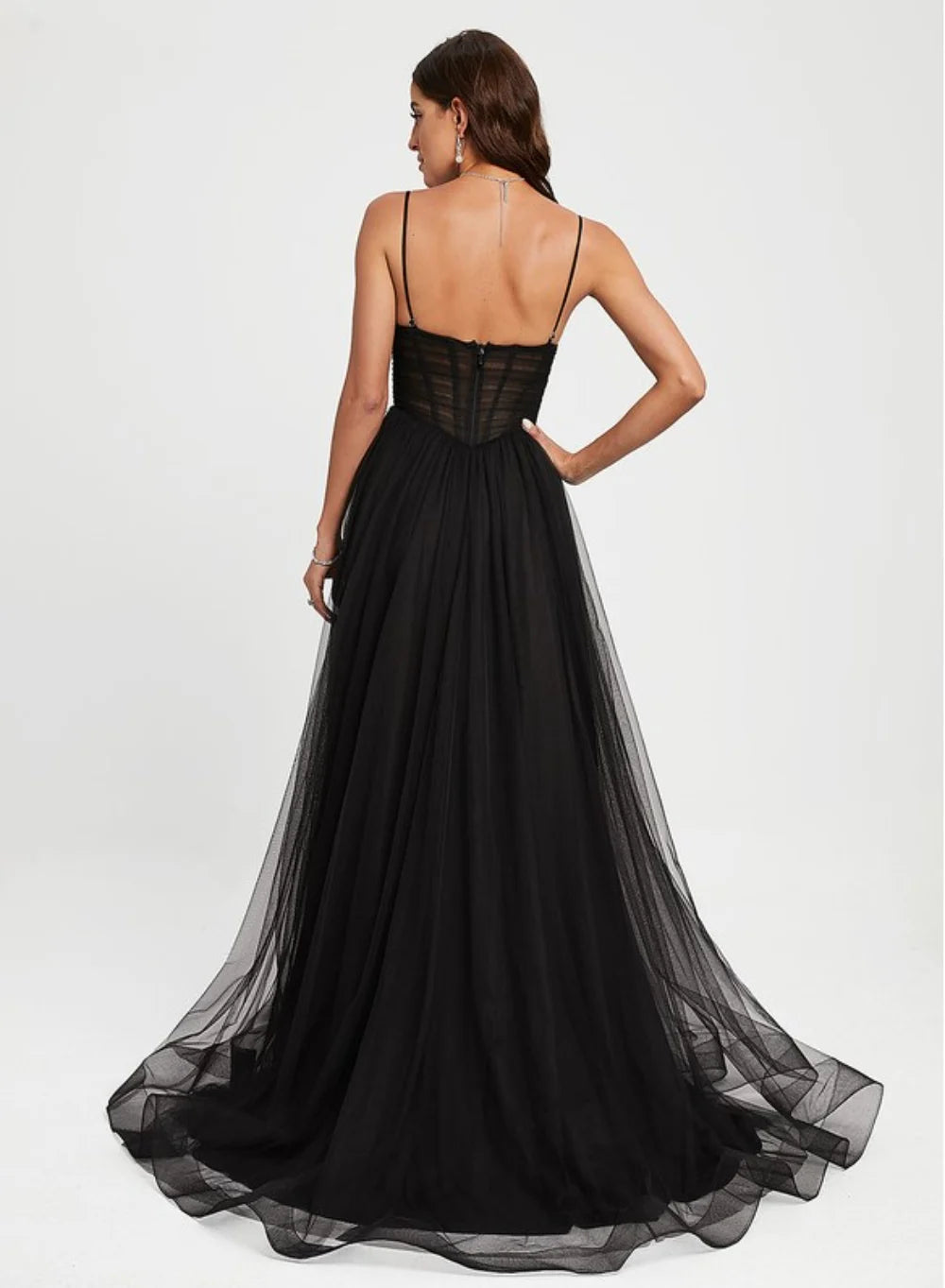 Weitese Dress Fashion Ball-Gown/Princess V-Neck Sweep Train Tulle Prom Dresses With Pleated Backless Sleeveless Maxi Dress