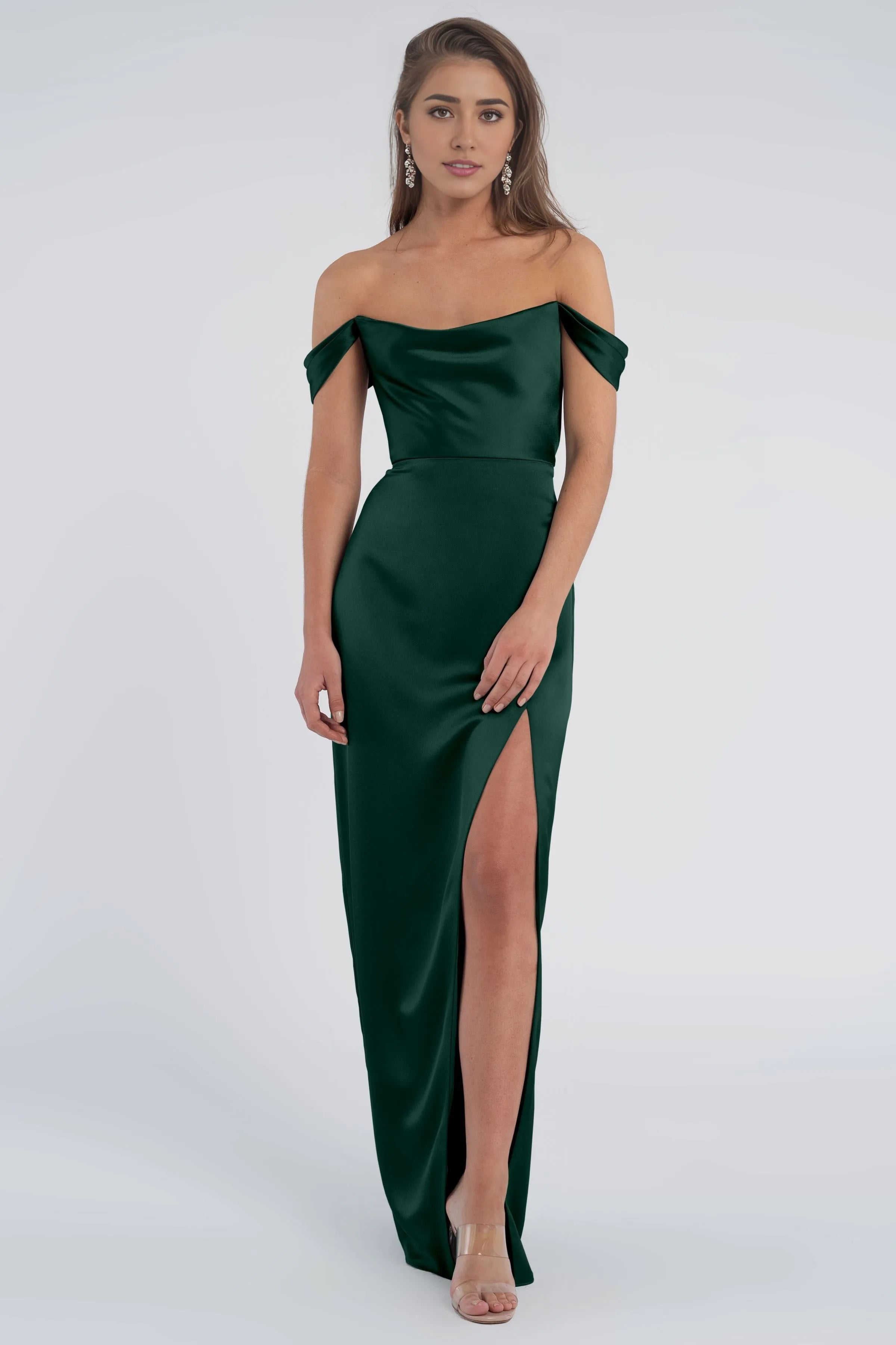Weitese Dress Fashion Cowl Neck Off The Shoulder Sleeve Open Back Satin Evening Dress Bridesmaid Dress Floor-Length Sheath Slit Prom Dress