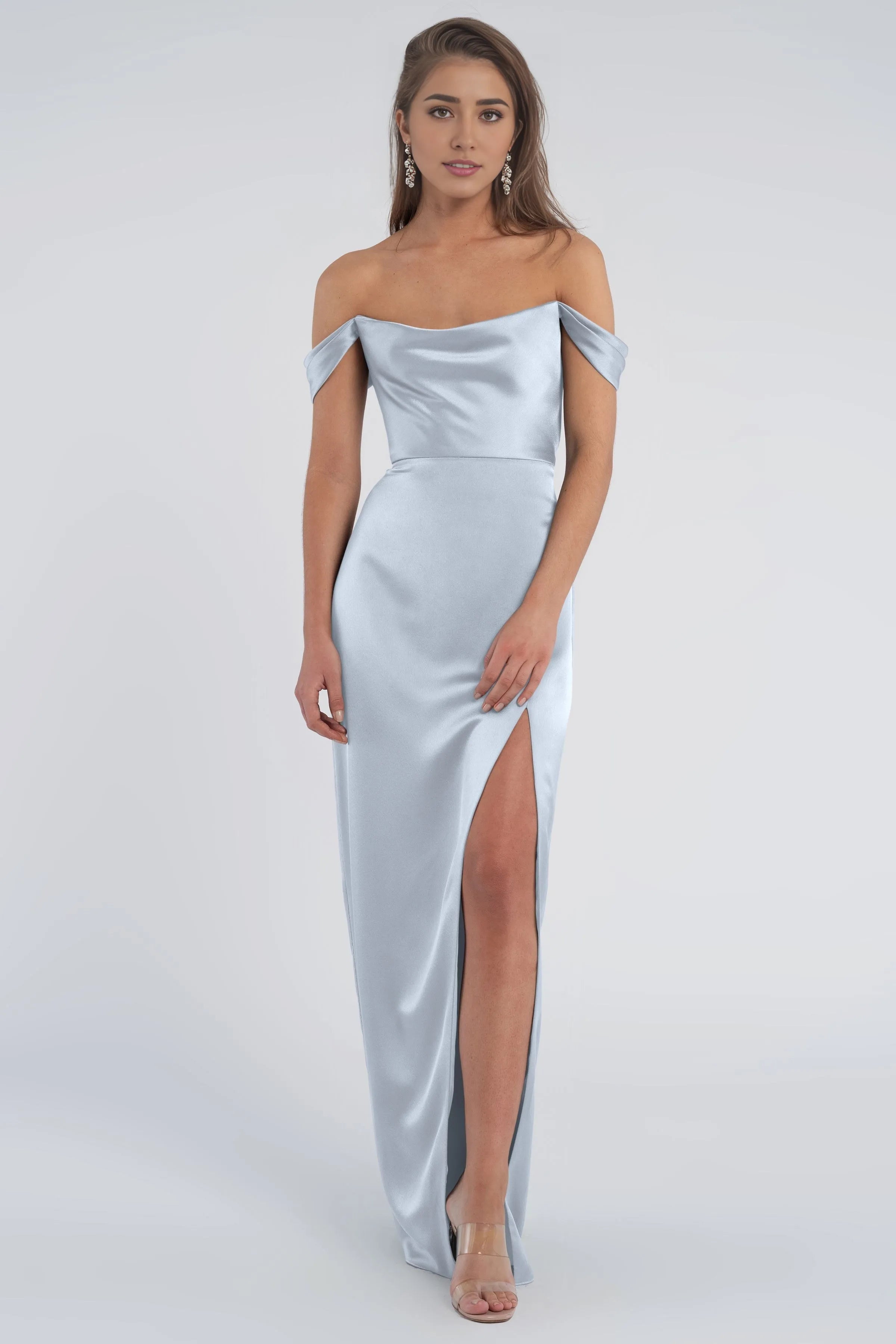 Weitese Dress Fashion Cowl Neck Off The Shoulder Sleeve Open Back Satin Evening Dress Bridesmaid Dress Floor-Length Sheath Slit Prom Dress