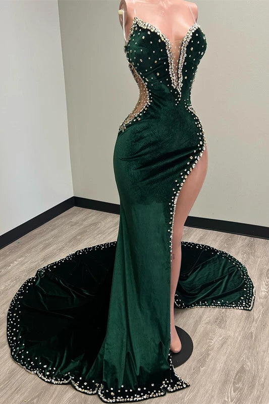 Robe de soirée bustier vert foncé à fente en cœur avec perles chics 