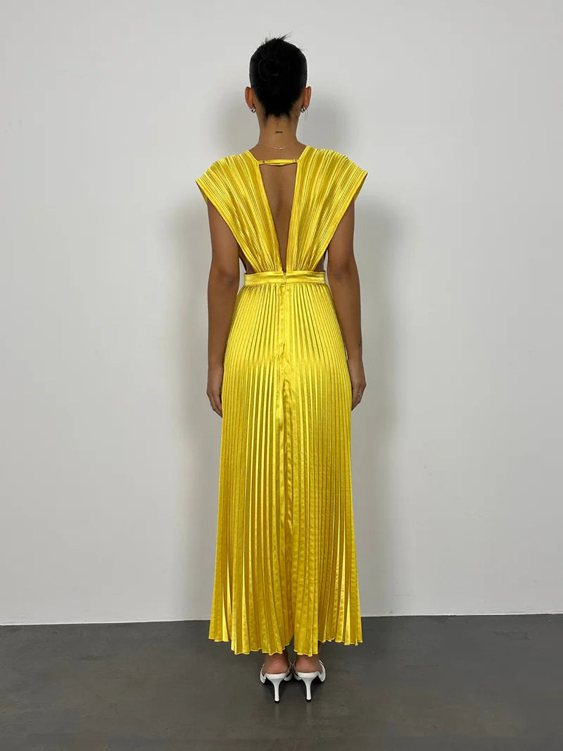 Robe de bal Weitese Fashion, décolleté en V profond, coupe trapèze, dos en V, sans manches, longueur au sol, plissée, maxi 