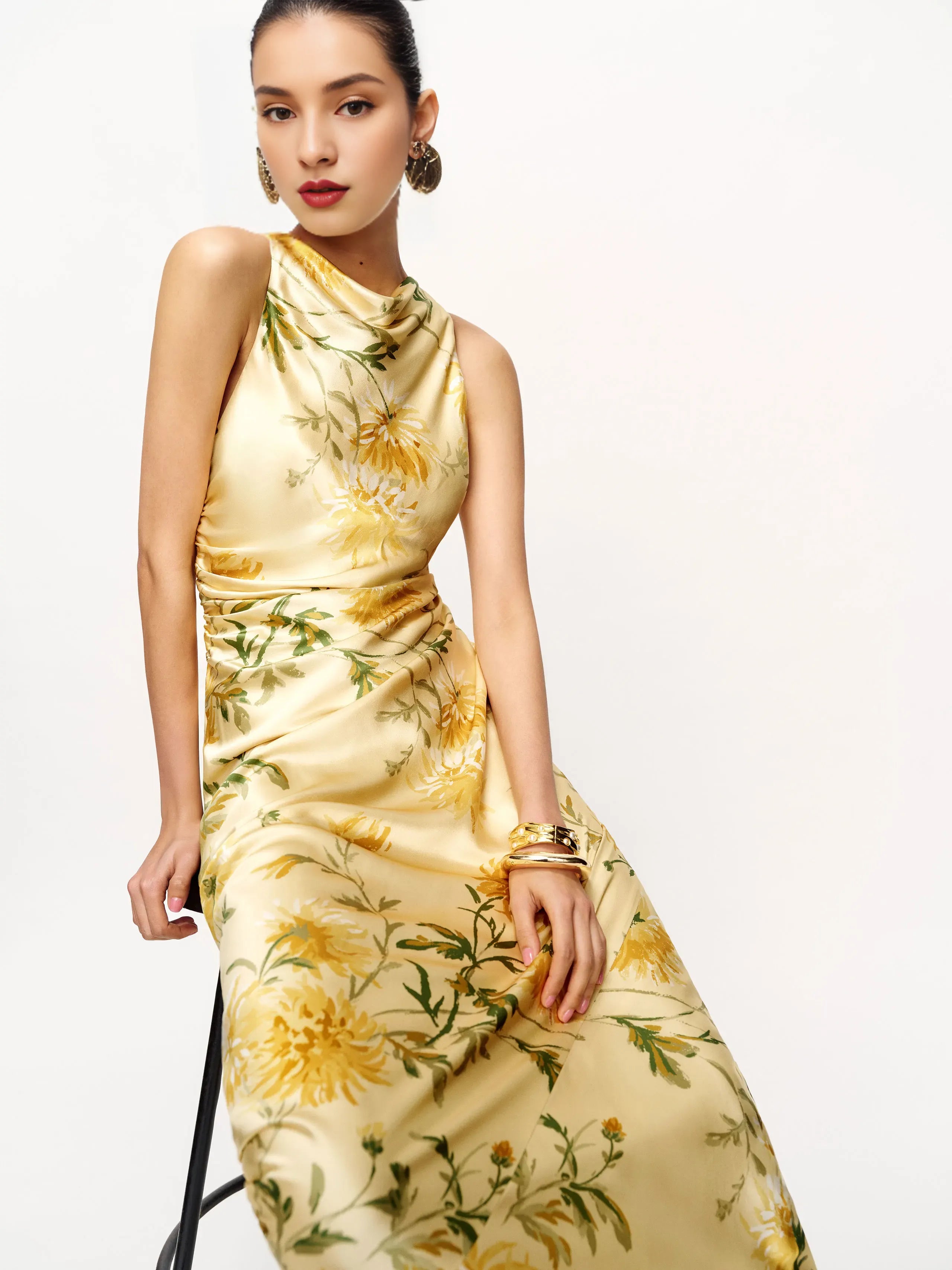 Weitese Dress Fashion Flower Printed Cowl Neck Sleeveless Mermaid Prom Dress Maxi Dress Backless Evening Dress