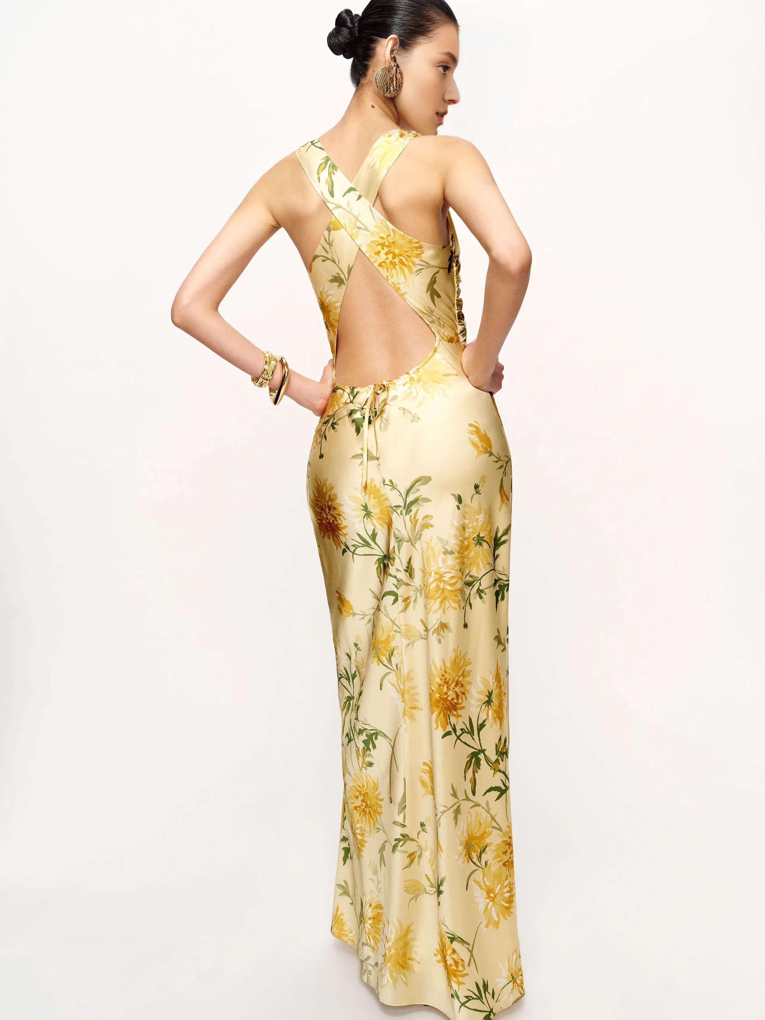 Weitese Dress Fashion Flower Printed Cowl Neck Sleeveless Mermaid Prom Dress Maxi Dress Backless Evening Dress