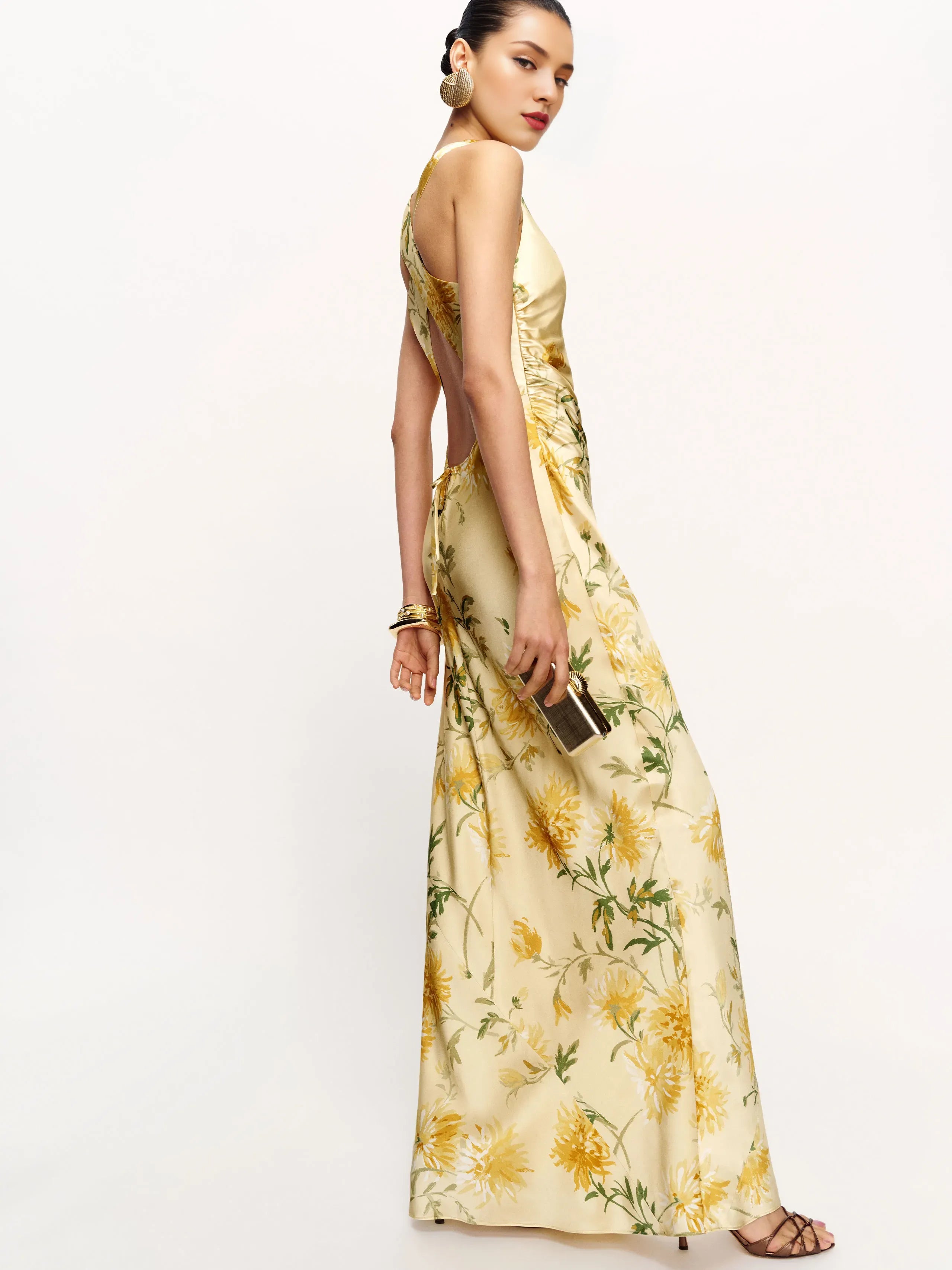 Weitese Dress Fashion Flower Printed Cowl Neck Sleeveless Mermaid Prom Dress Maxi Dress Backless Evening Dress