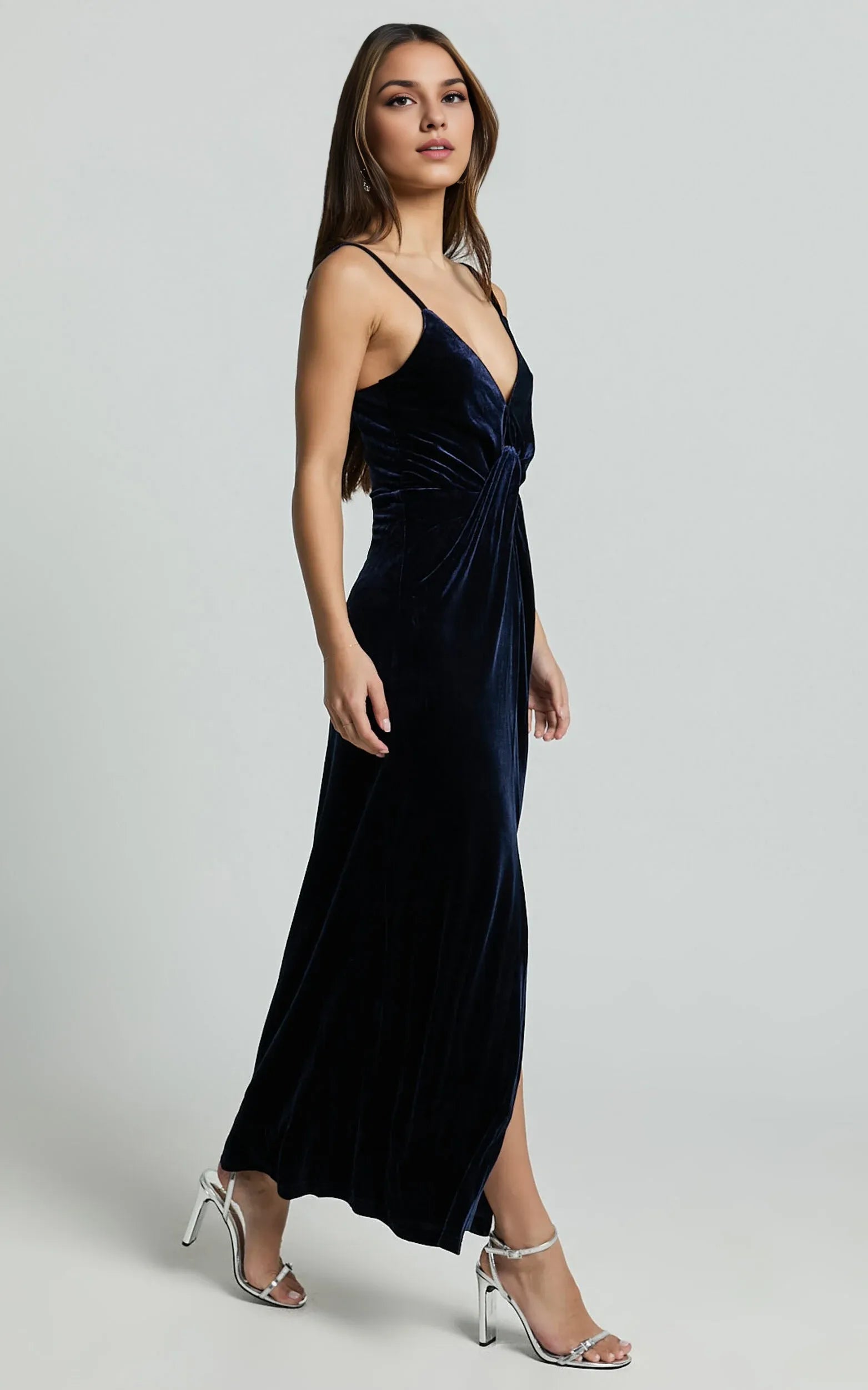 Vestido Weitese de moda con abertura en el muslo y giro frontal de terciopelo, vestido midi azul marino con tirantes finos, cuello en V, vestido de noche sin mangas 