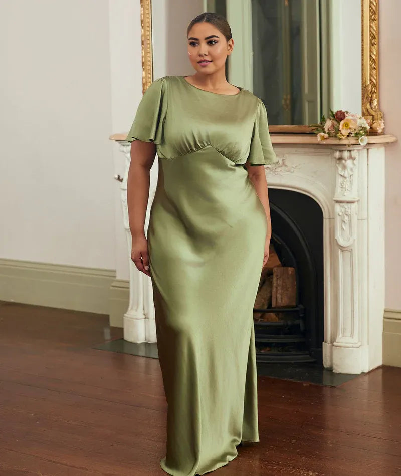 Weitese Dress Fashion Gathered Bust Satin Bridesmaid Dress Maxi Dress Solid Color Champagne Flutter Sleeve Column Prom Dress