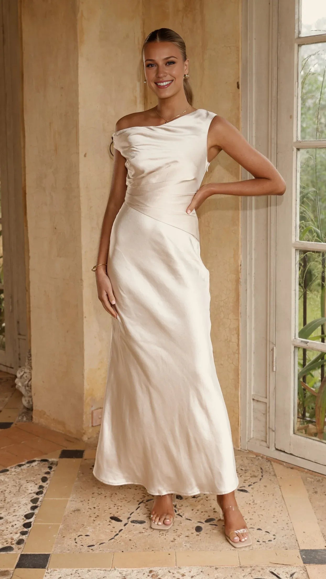 Weitese Dress Fashion Off Shoulder Maxi Dress Yellow Mermaid Sleeveless Solid Color Sheath Full Coverage Prom Dress