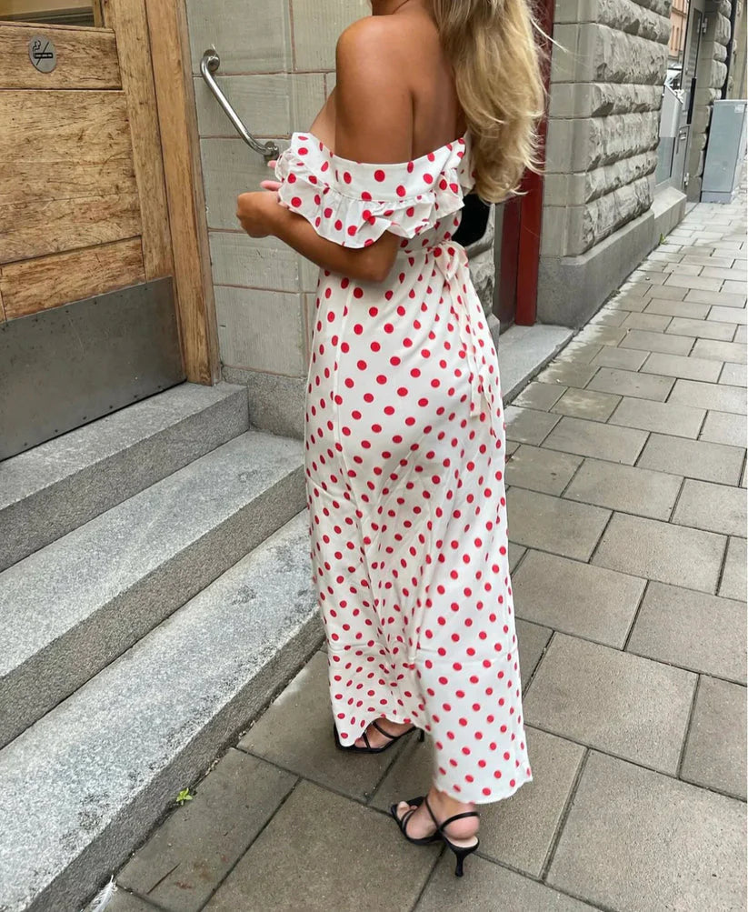 Vestido Weitese de moda con hombros descubiertos y lunares rojos, vestido largo blanco sin mangas, vestido de fiesta 