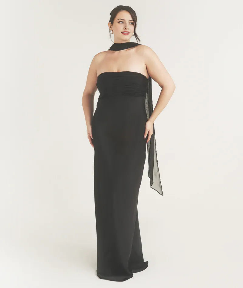 Weitese Dress Fashion Pleated Strapless Satin Bridesmaid Dress Maxi Dress Backless Solid Color Sleeveless Prom Dress With Scarf