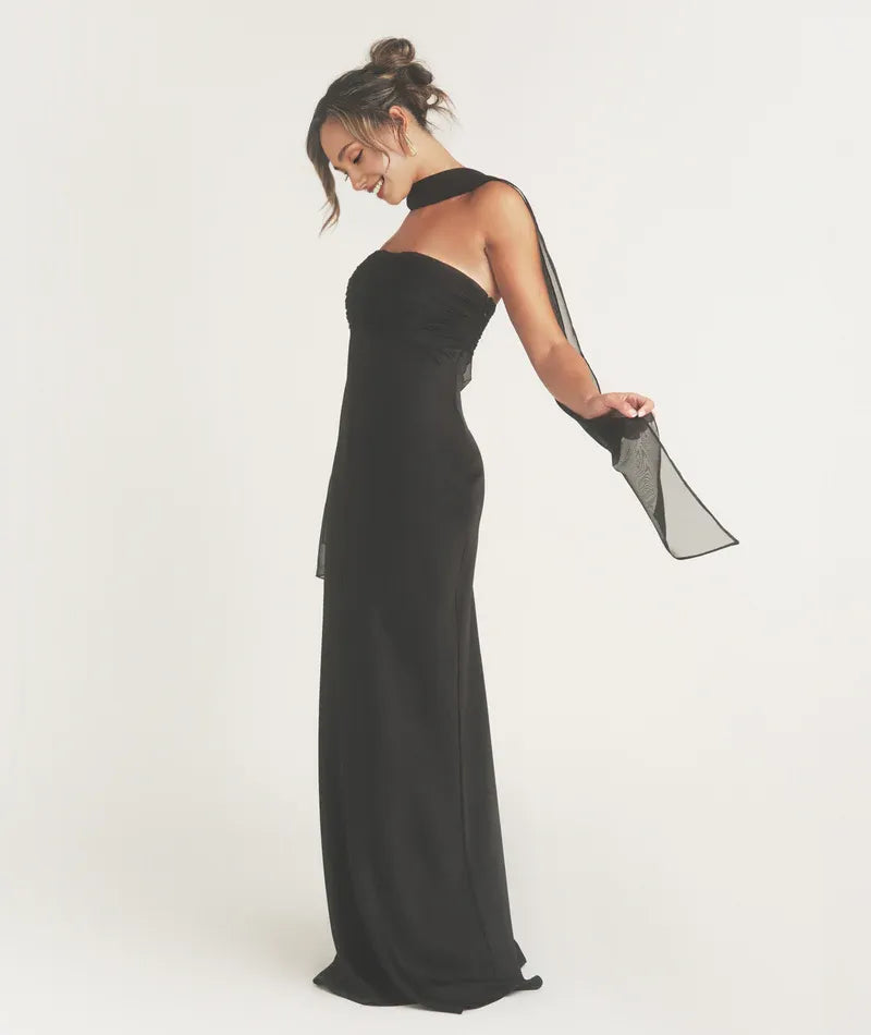 Weitese Dress Fashion Pleated Strapless Satin Bridesmaid Dress Maxi Dress Backless Solid Color Sleeveless Prom Dress With Scarf