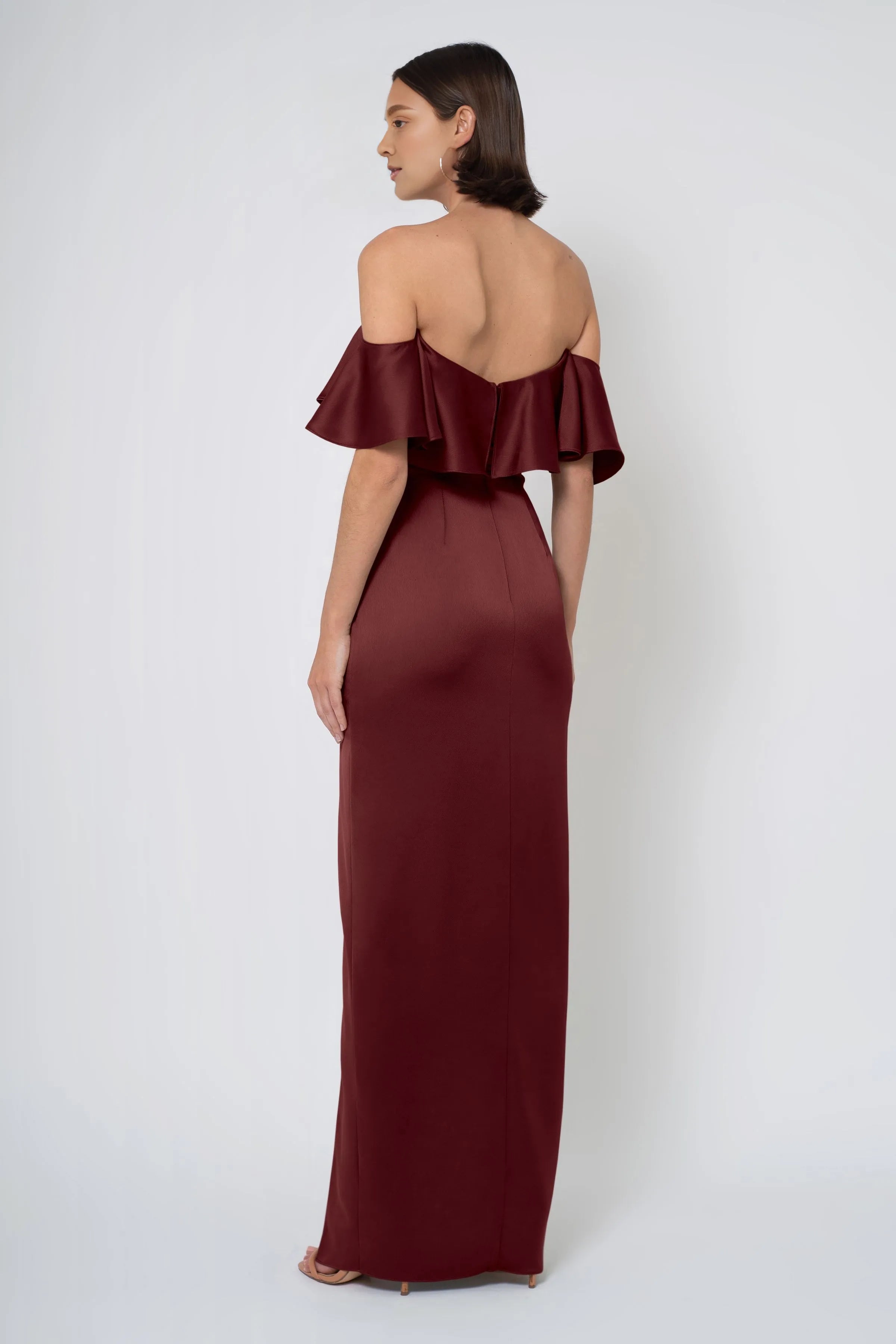 Vestido de noche Weitese de satén sin tirantes con volantes, vestido de dama de honor, largo hasta el suelo, corte entallado, con abertura lateral, para fiesta. 