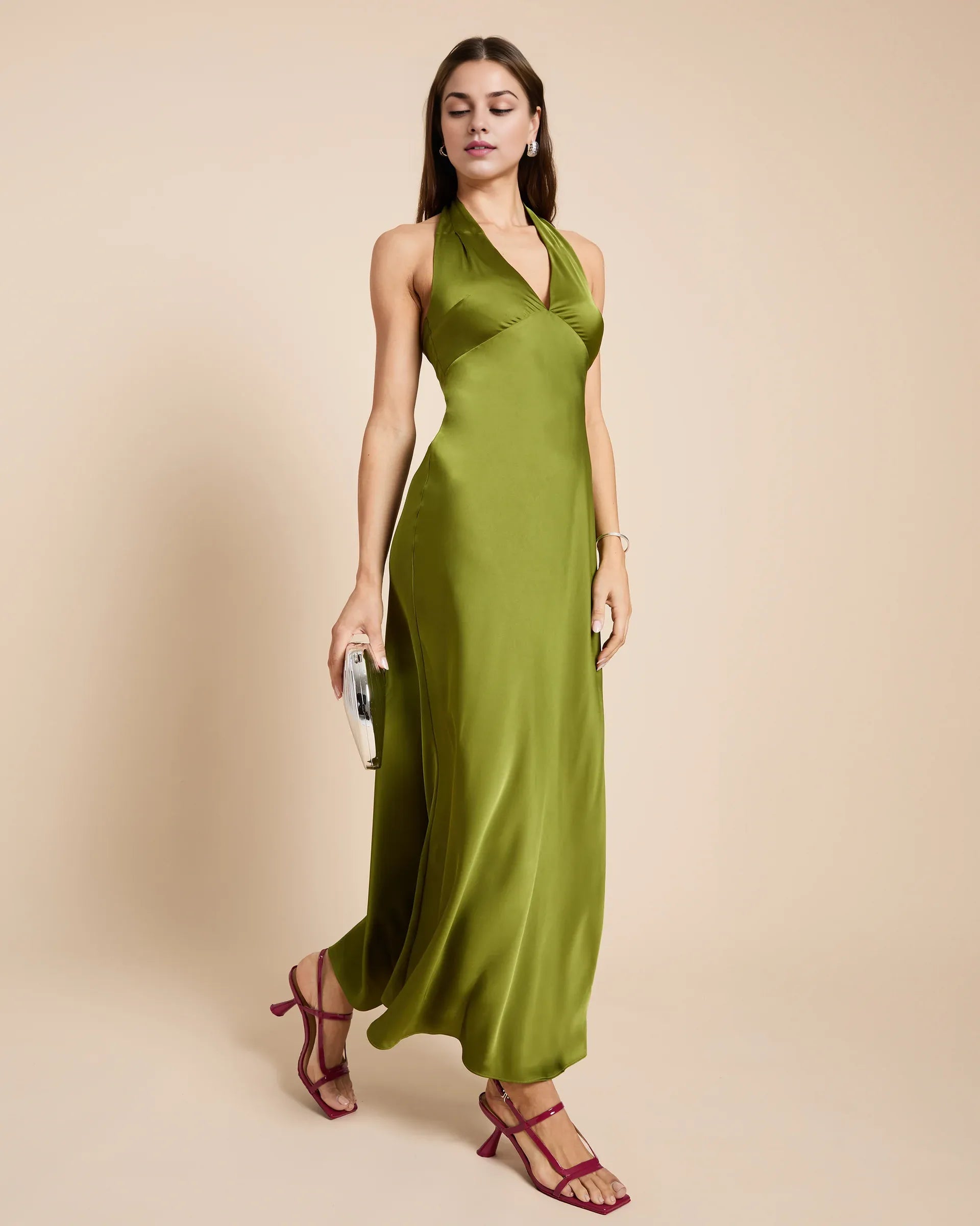 Weitese Dress Fashion Sheath Ankle-Length Sleeveless Party Dresses Halter Neck Satin Solid Color Open Back Evening Dress