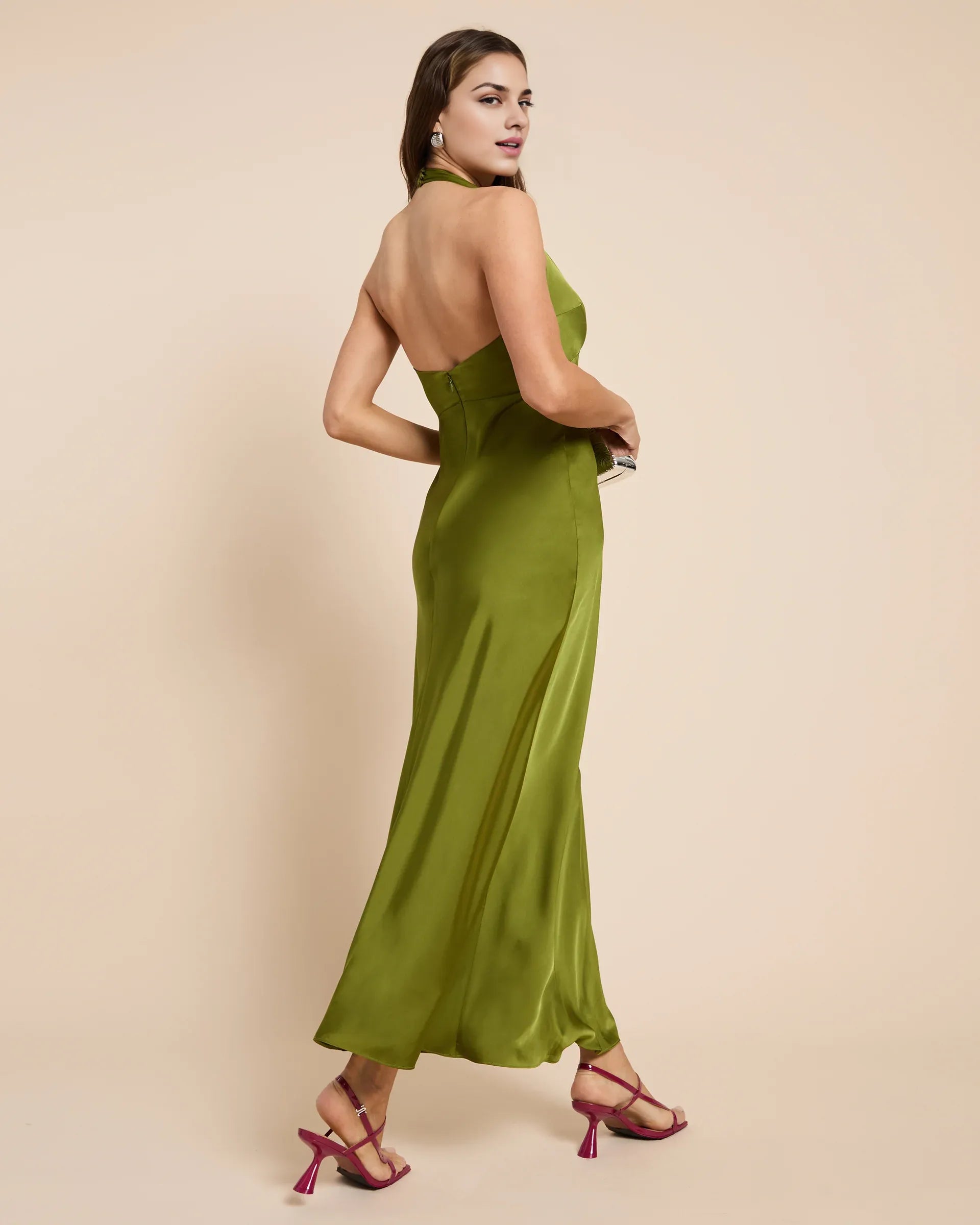 Weitese Dress Fashion Sheath Ankle-Length Sleeveless Party Dresses Halter Neck Satin Solid Color Open Back Evening Dress