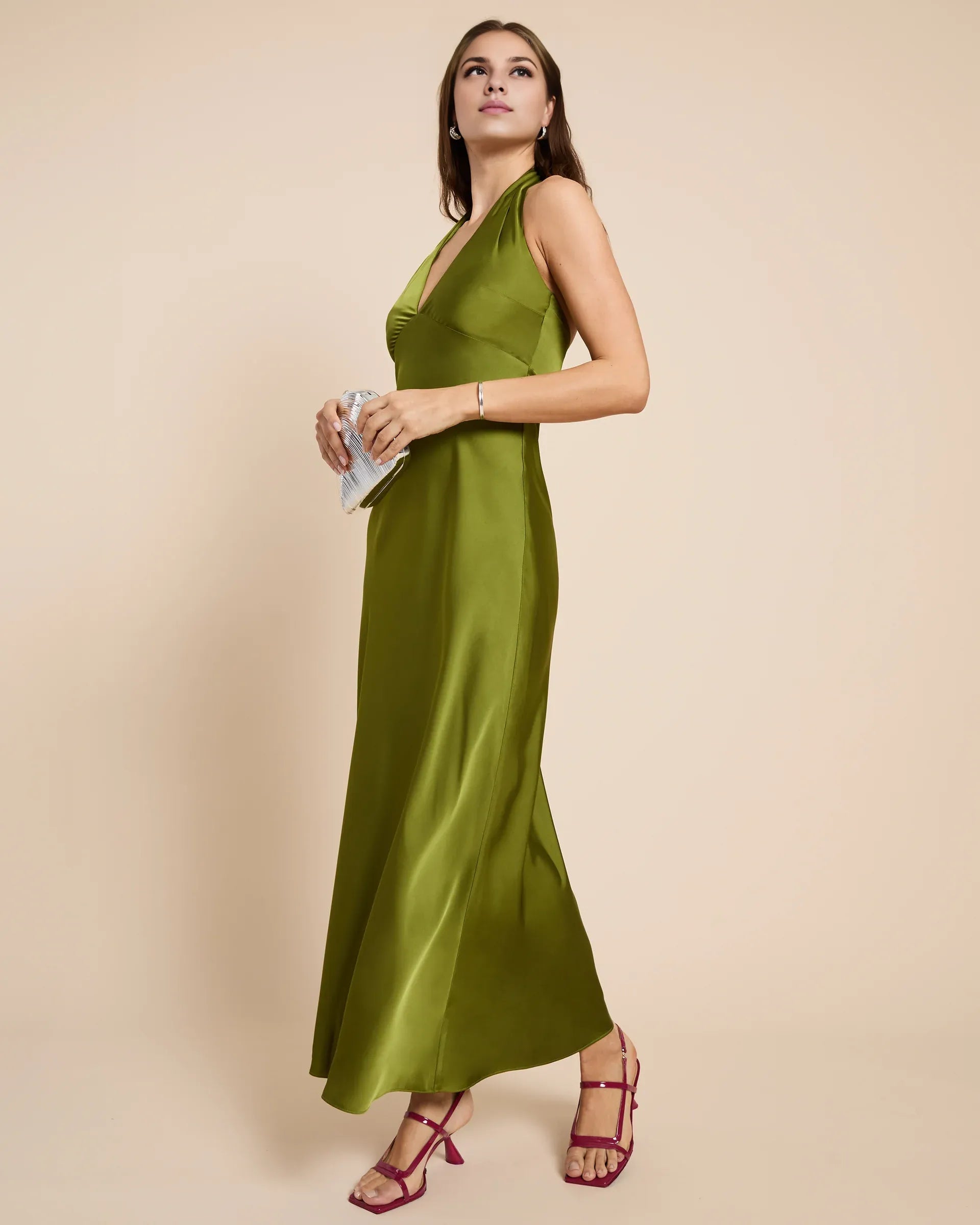 Weitese Dress Fashion Sheath Ankle-Length Sleeveless Party Dresses Halter Neck Satin Solid Color Open Back Evening Dress
