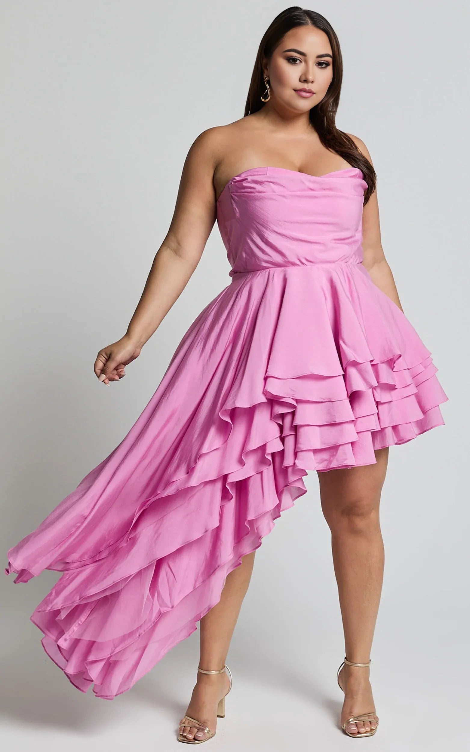 Weitese Dress Fashion Strapless Asymmetrical Tiered Mini Cocktail Dresses Pink A-Line Sleeveless Solid Color Homecoming Dress