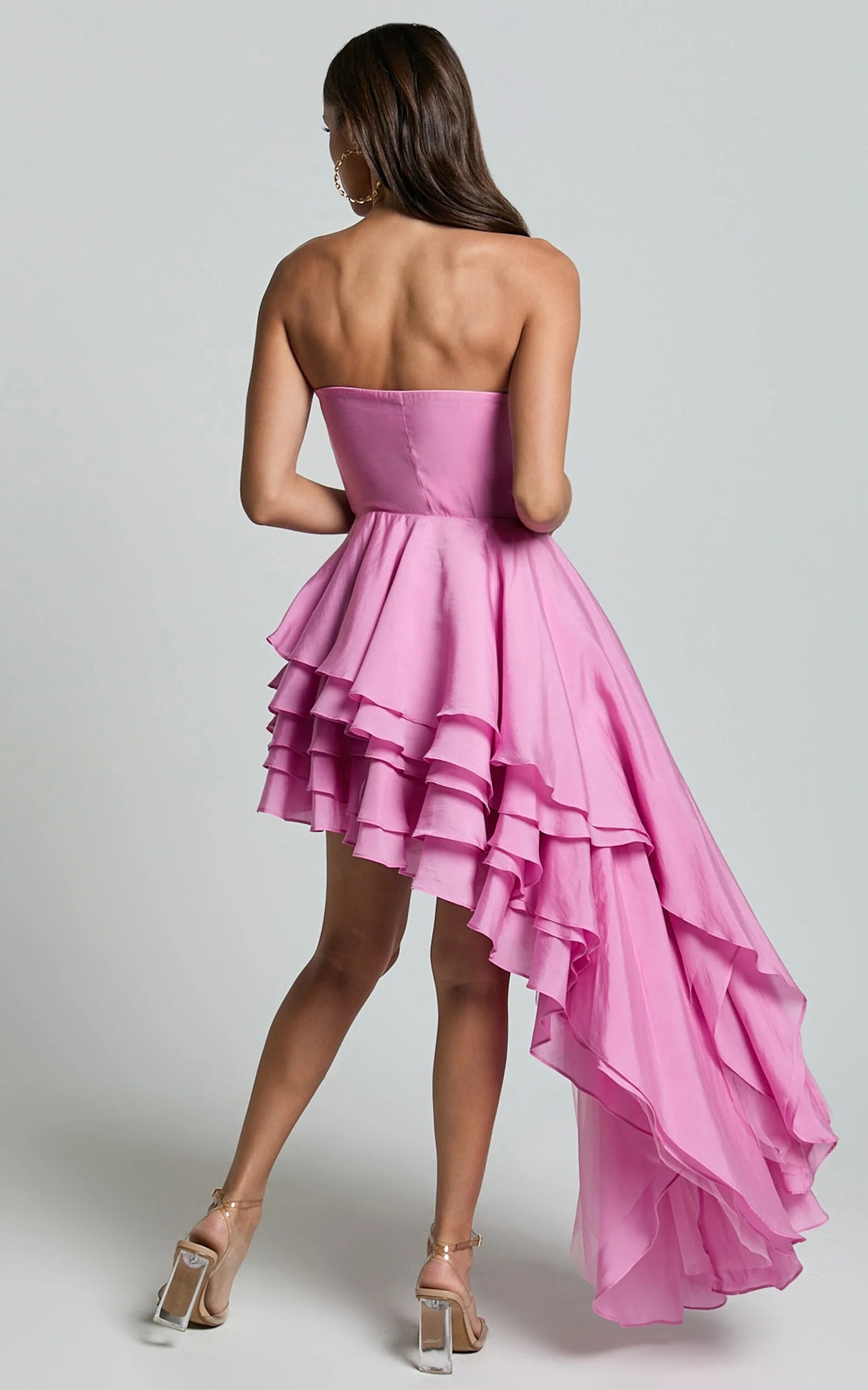 Weitese Dress Fashion Strapless Asymmetrical Tiered Mini Cocktail Dresses Pink A-Line Sleeveless Solid Color Homecoming Dress