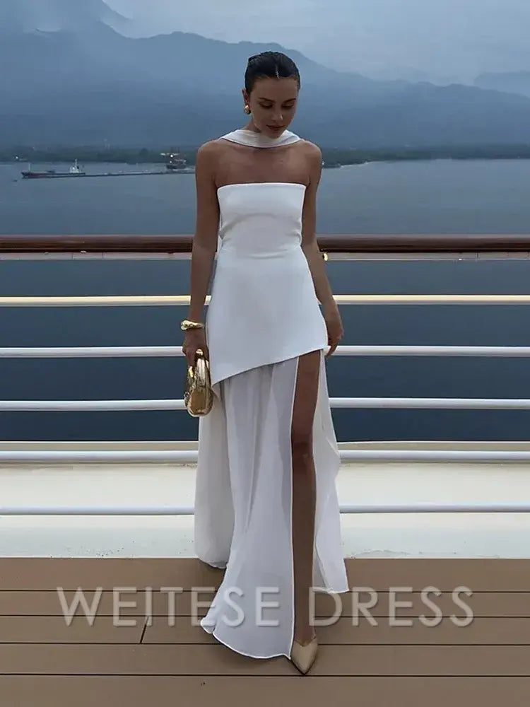 Weitese Dress Fashion Strapless Dress With Ribbon Female Elegant Sleeveless Beach Vacation Long Dress Spring New Women Prom Dress
