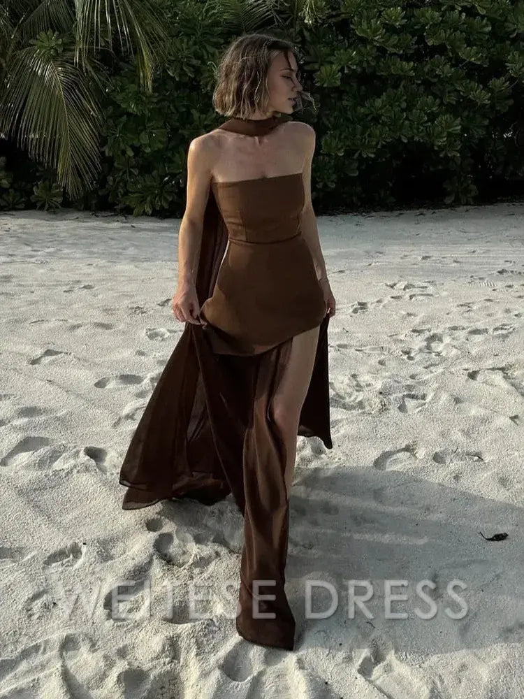 Weitese Dress Fashion Strapless Dress With Ribbon Female Elegant Sleeveless Beach Vacation Long Dress Spring New Women Prom Dress