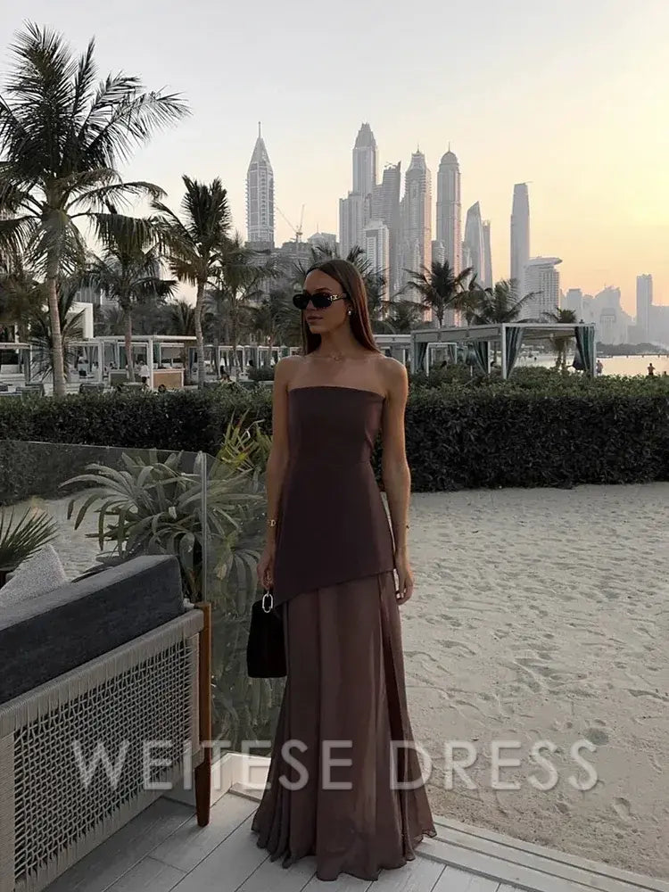 Weitese Dress Fashion Strapless Dress With Ribbon Female Elegant Sleeveless Beach Vacation Long Dress Spring New Women Prom Dress