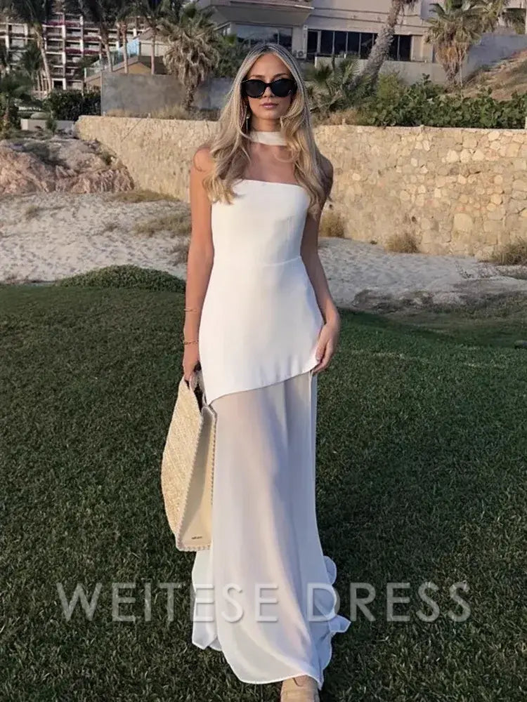 Weitese Dress Fashion Strapless Dress With Ribbon Female Elegant Sleeveless Beach Vacation Long Dress Spring New Women Prom Dress