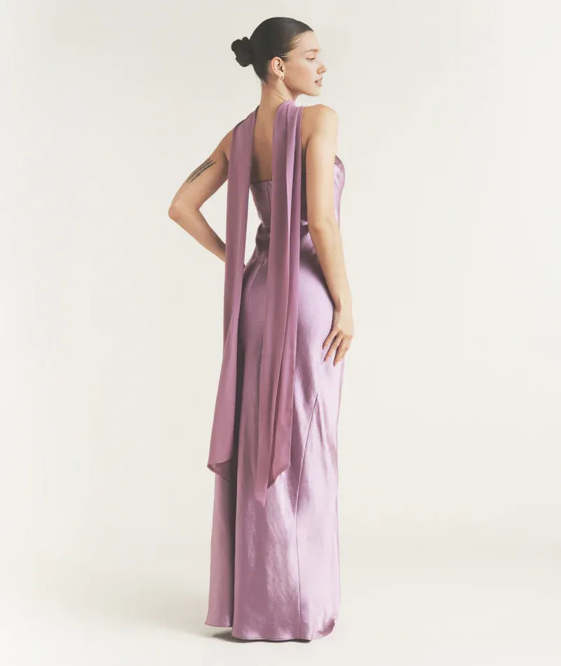 Weitese Dress Fashion Strapless Neck Satin Bridesmaid Dress Maxi Dress Backless Solid Color Sleeveless Prom Dress With Scarf