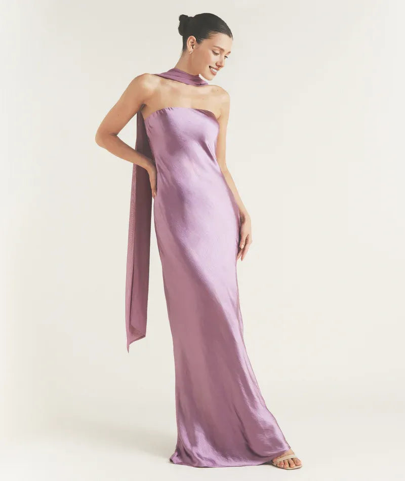 Weitese Dress Fashion Strapless Neck Satin Bridesmaid Dress Maxi Dress Backless Solid Color Sleeveless Prom Dress With Scarf