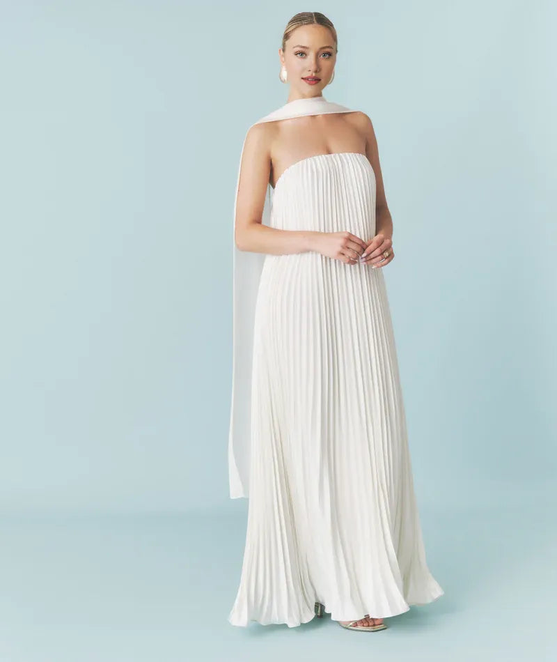 Weitese Dress Fashion Strapless Pleated Satin Bandeau Maxi Dress A-Line Solid Color Sleeveless Wedding Dress