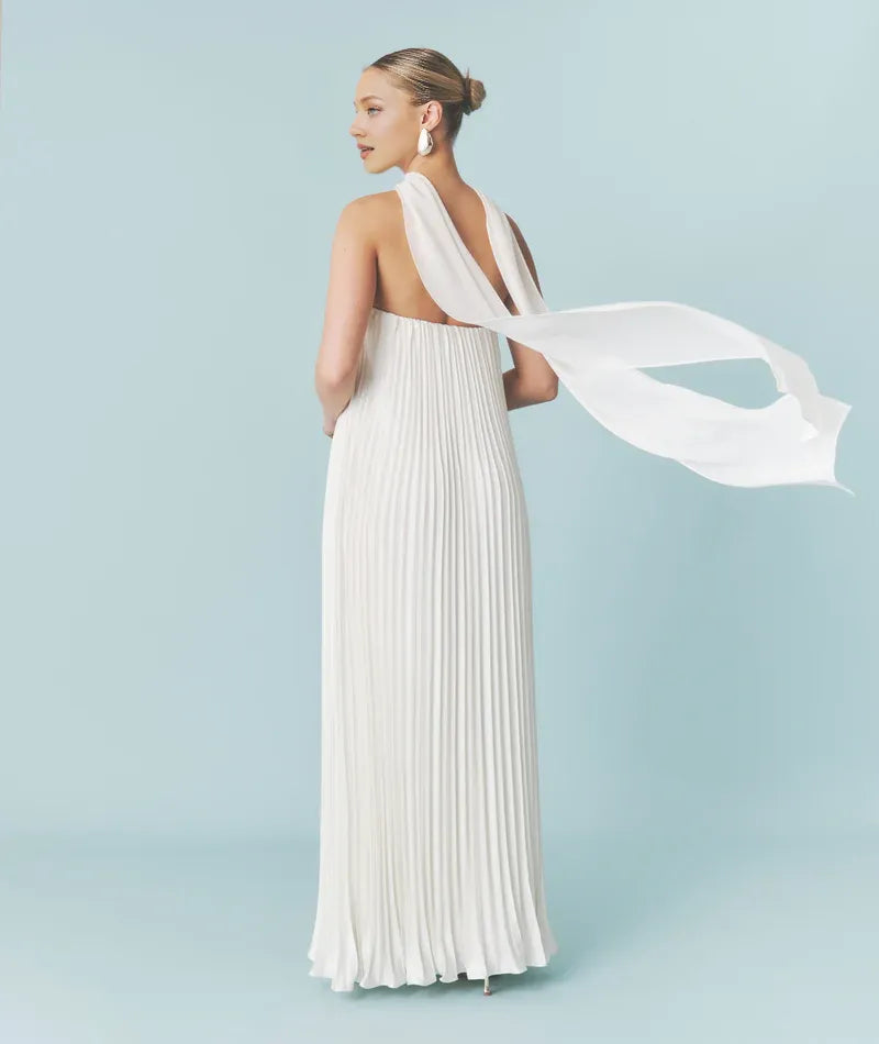 Weitese Dress Fashion Strapless Pleated Satin Bandeau Maxi Dress A-Line Solid Color Sleeveless Wedding Dress