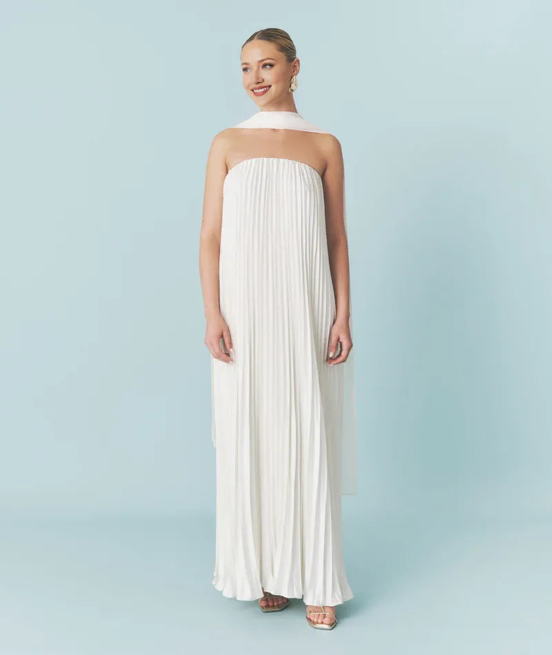 Weitese Dress Fashion Strapless Pleated Satin Bandeau Maxi Dress A-Line Solid Color Sleeveless Wedding Dress