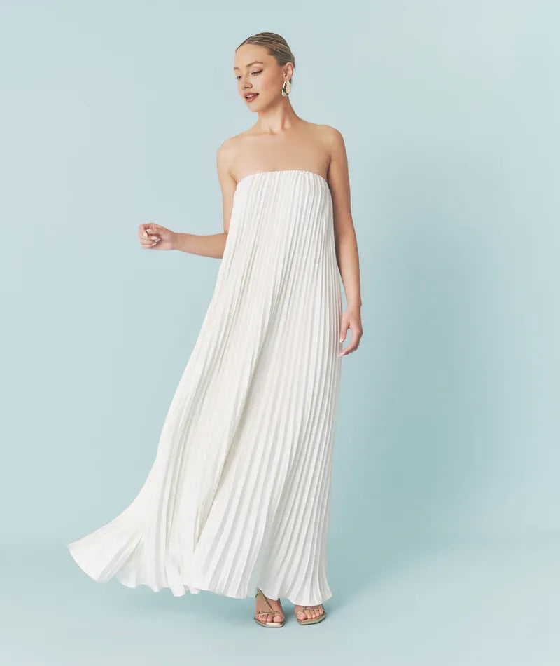 Weitese Dress Fashion Strapless Pleated Satin Bandeau Maxi Dress A-Line Solid Color Sleeveless Wedding Dress