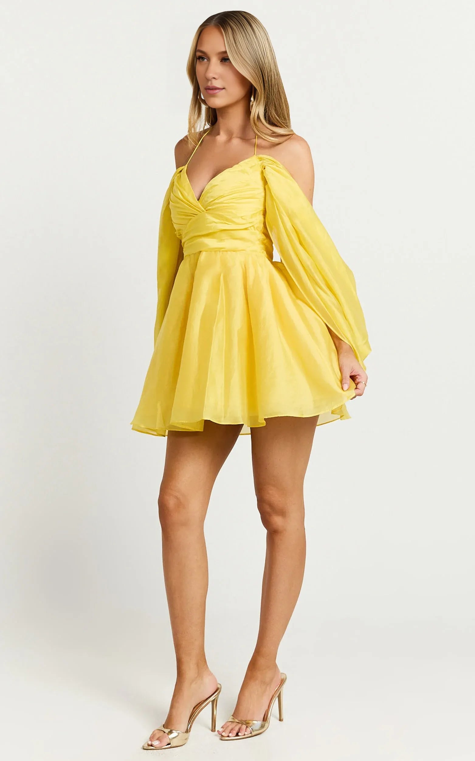 Weitese Dress Fashion Sweetheart Off Shoulder Mini Dress Yellow A-Line Long Sleeve Backless Homecoming Dress