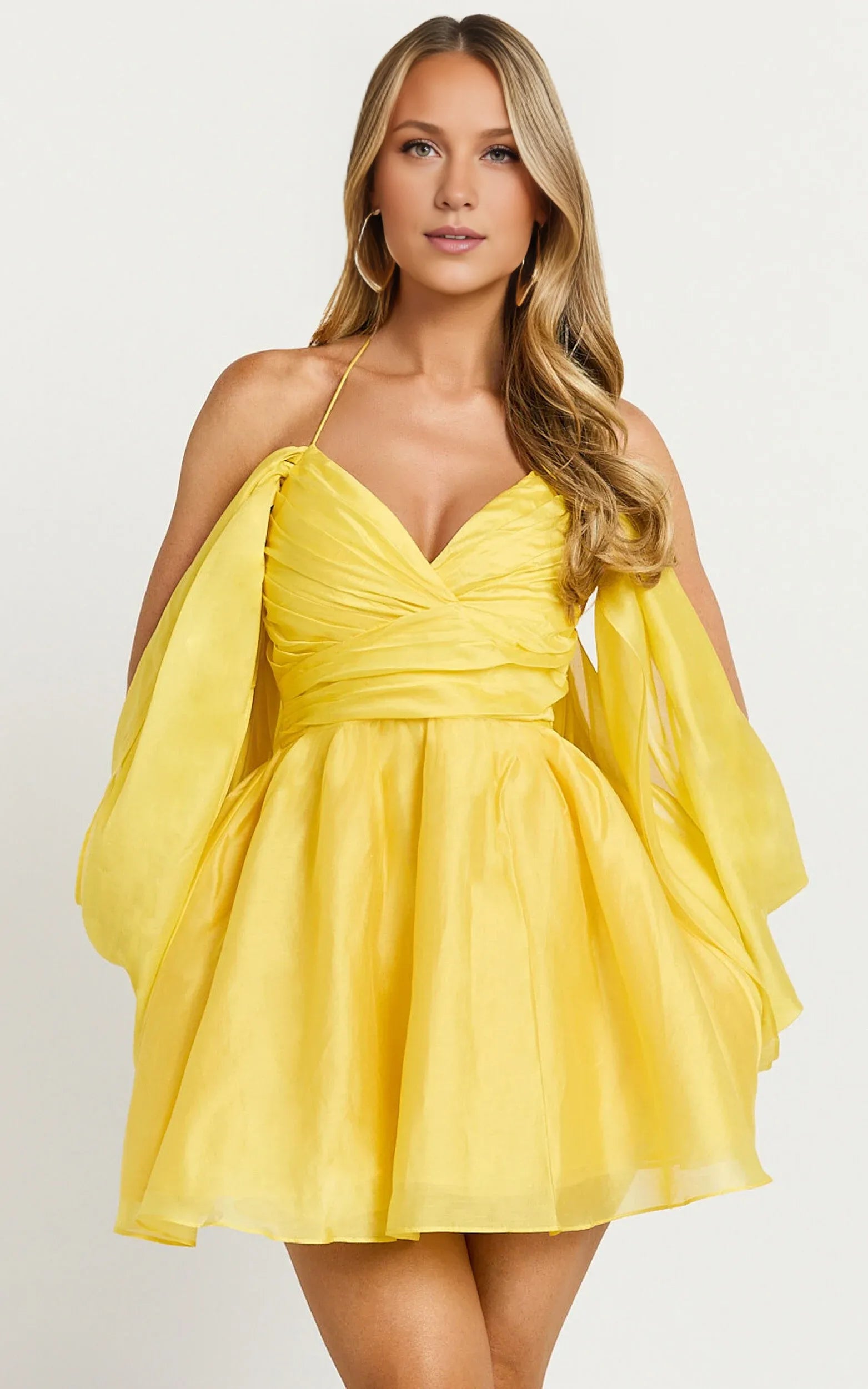 Weitese Dress Fashion Sweetheart Off Shoulder Mini Dress Yellow A-Line Long Sleeve Backless Homecoming Dress