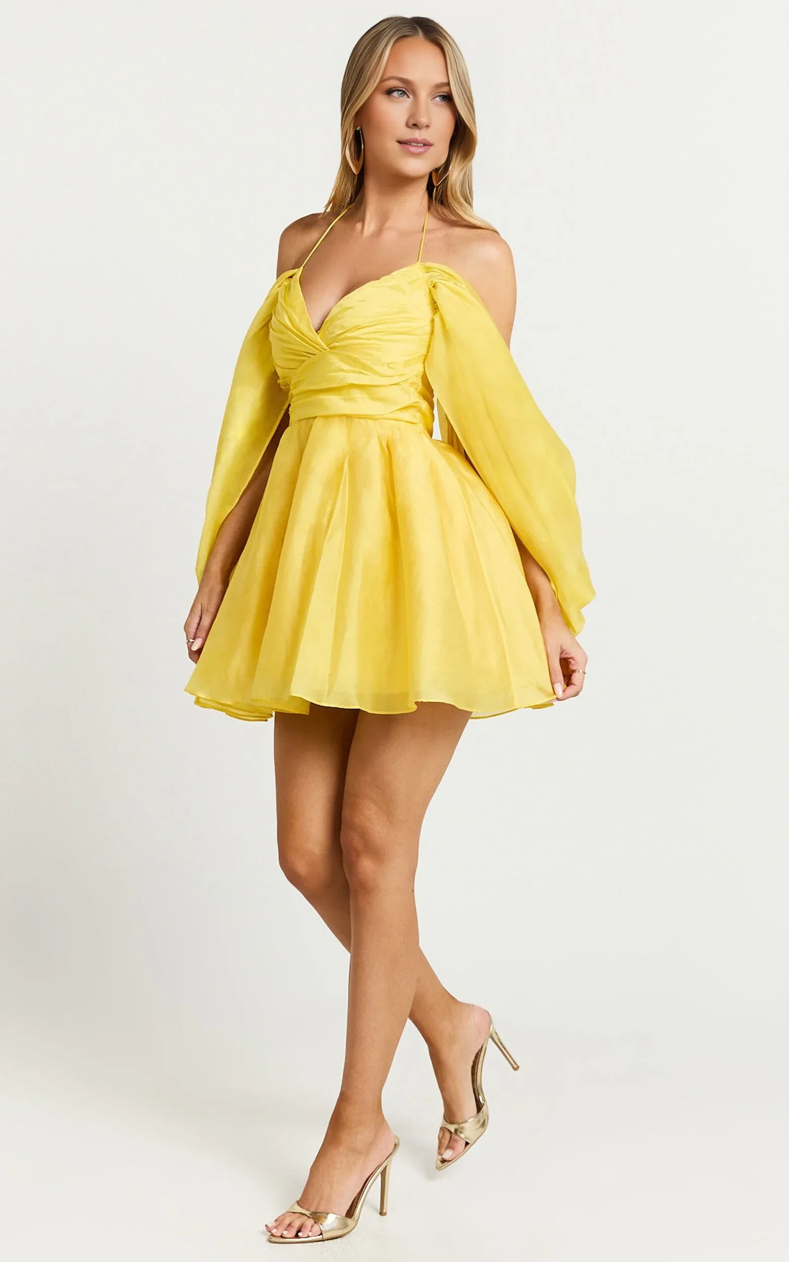 Weitese Dress Fashion Sweetheart Off Shoulder Mini Dress Yellow A-Line Long Sleeve Backless Homecoming Dress