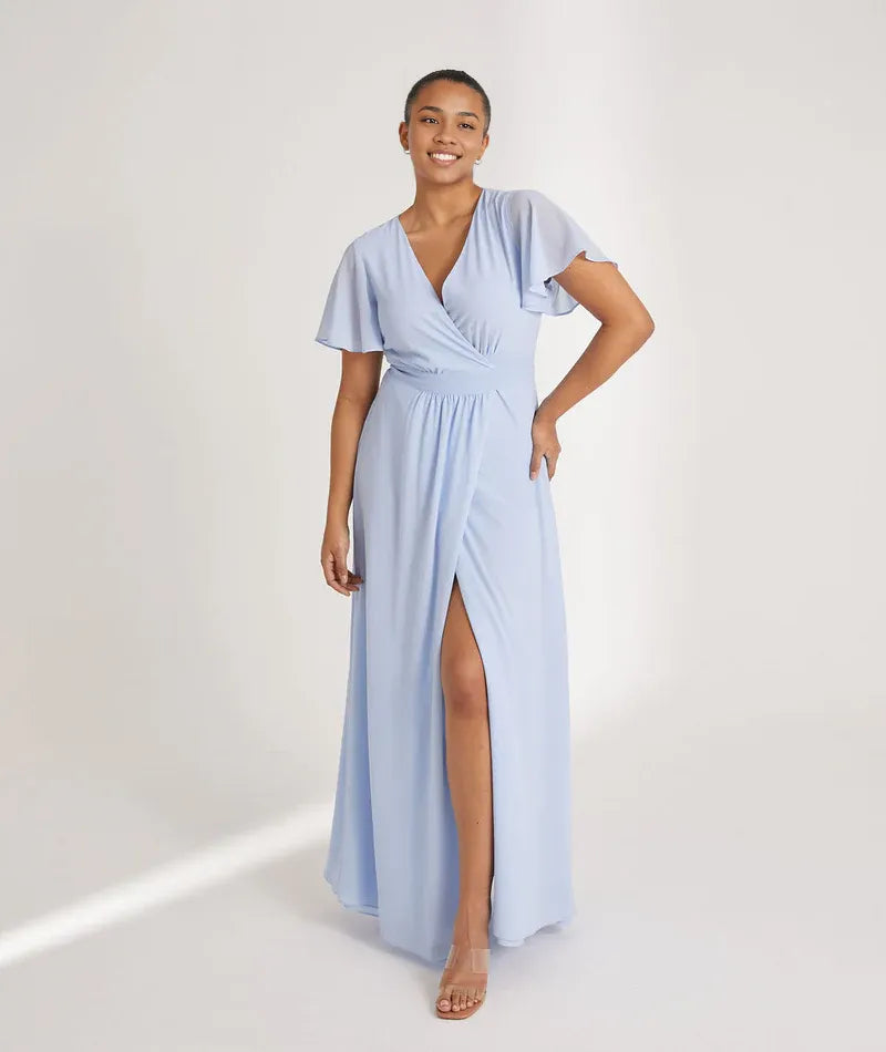 Weitese Dress Fashion V Neck Wrap Tie Chiffon Bridesmaid Dress Maxi Dress Solid Color Blue Flutter Sleeve A-Line Prom Dress