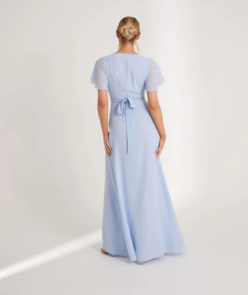 Weitese Dress Fashion V Neck Wrap Tie Chiffon Bridesmaid Dress Maxi Dress Solid Color Blue Flutter Sleeve A-Line Prom Dress