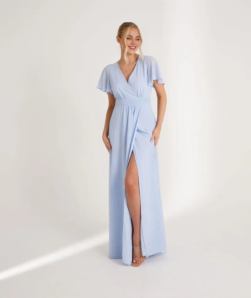 Weitese Dress Fashion V Neck Wrap Tie Chiffon Bridesmaid Dress Maxi Dress Solid Color Blue Flutter Sleeve A-Line Prom Dress