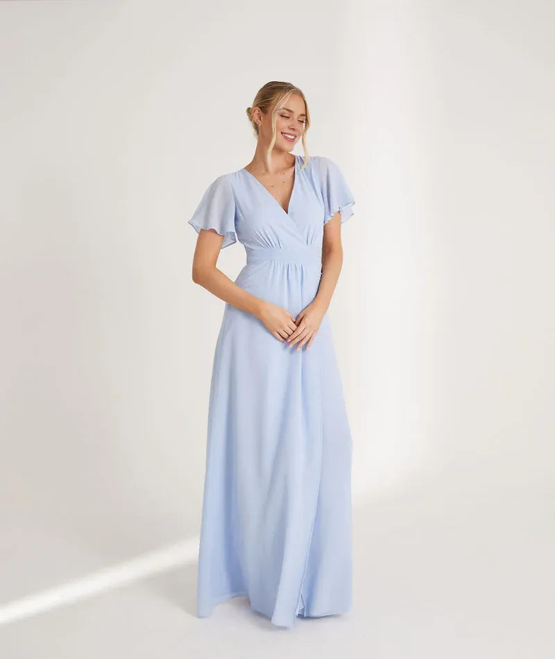 Weitese Dress Fashion V Neck Wrap Tie Chiffon Bridesmaid Dress Maxi Dress Solid Color Blue Flutter Sleeve A-Line Prom Dress