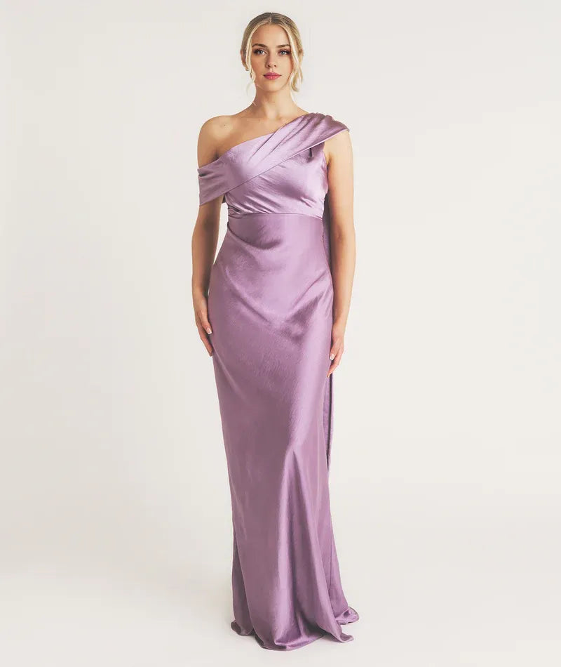 Weitese Dress Fashionable One Shoulder Drape Detail Satin Bridesmaid Dress Maxi Dress Solid Color Orchid Sleeveless Prom Dress