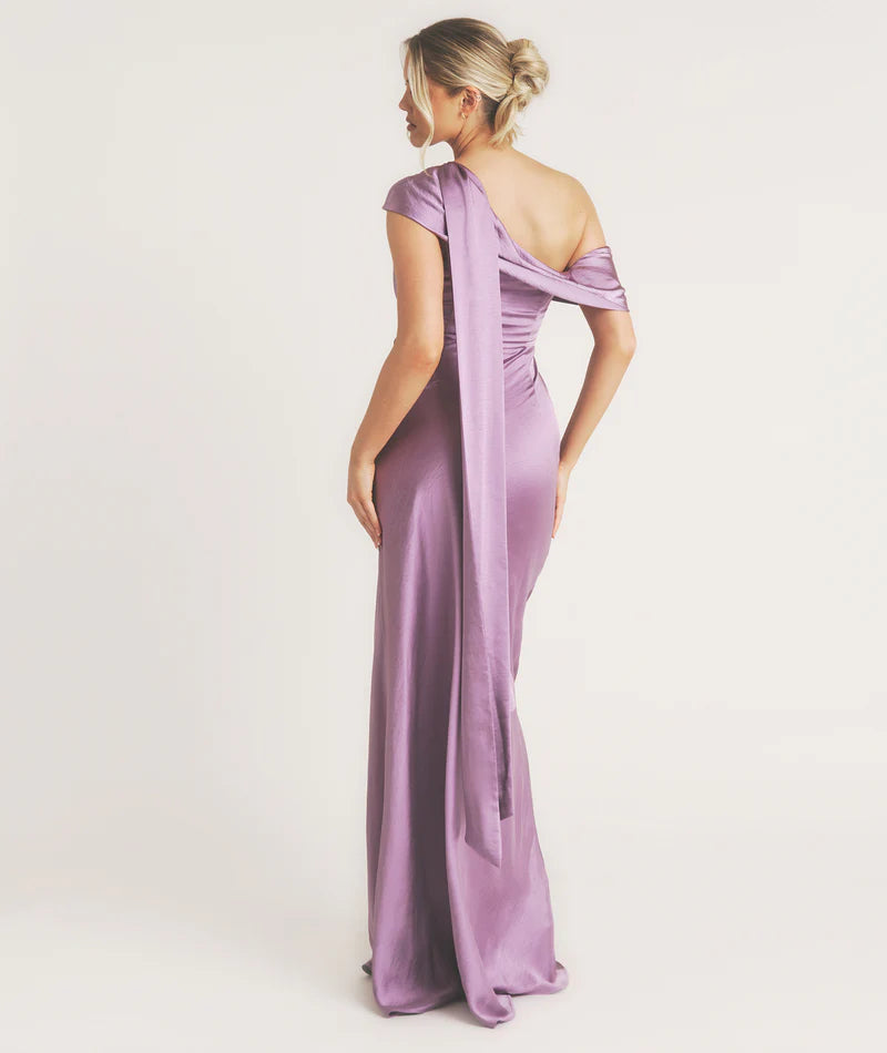Weitese Dress Fashionable One Shoulder Drape Detail Satin Bridesmaid Dress Maxi Dress Solid Color Orchid Sleeveless Prom Dress