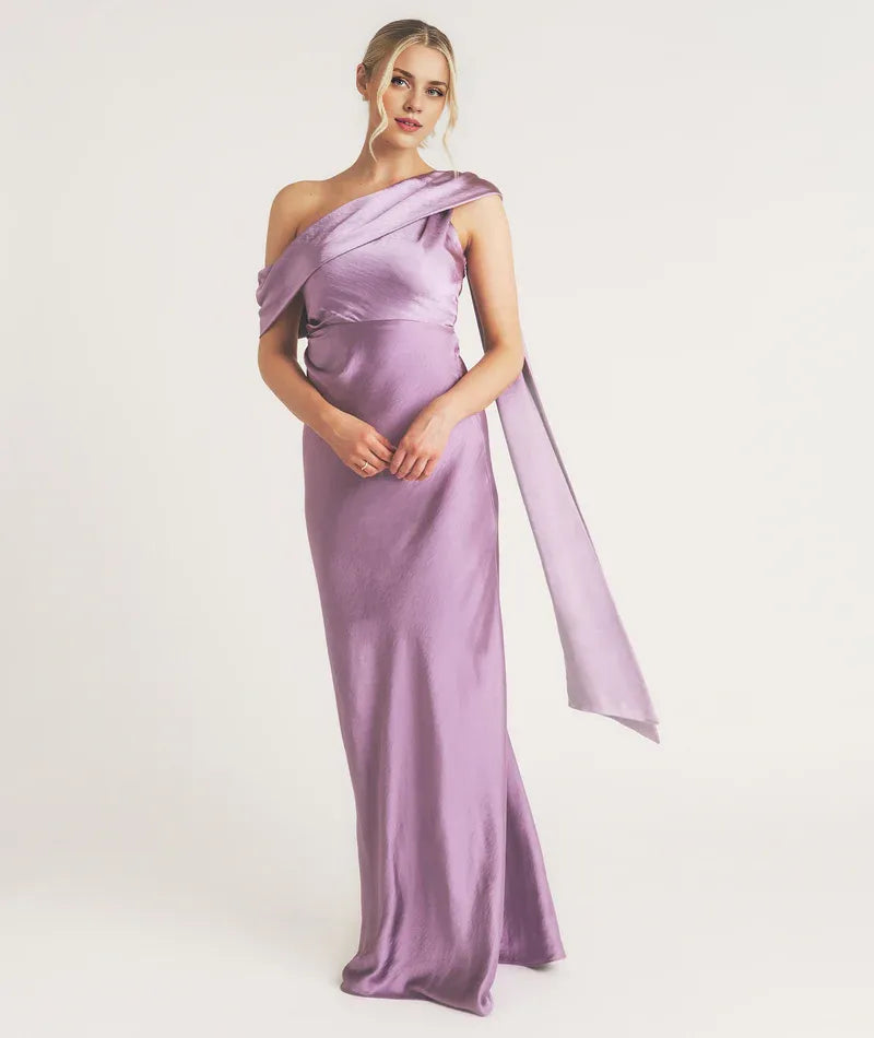 Weitese Dress Fashionable One Shoulder Drape Detail Satin Bridesmaid Dress Maxi Dress Solid Color Orchid Sleeveless Prom Dress