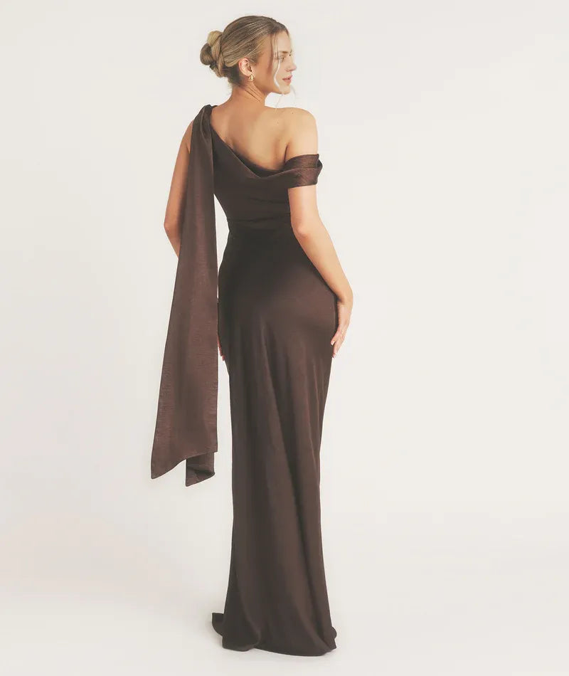 Weitese Dress Fashionable One Shoulder Drape Detail Satin Bridesmaid Dress Maxi Dress Solid Color Orchid Sleeveless Prom Dress