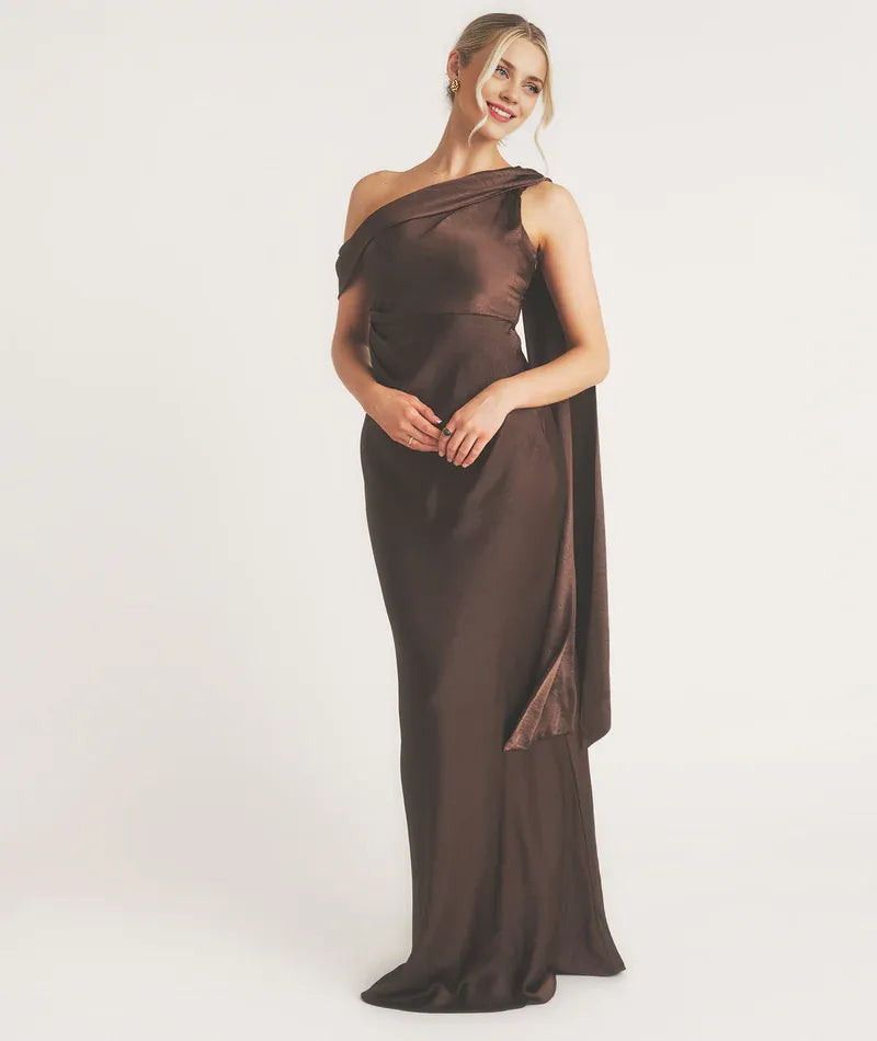 Weitese Dress Fashionable One Shoulder Drape Detail Satin Bridesmaid Dress Maxi Dress Solid Color Orchid Sleeveless Prom Dress