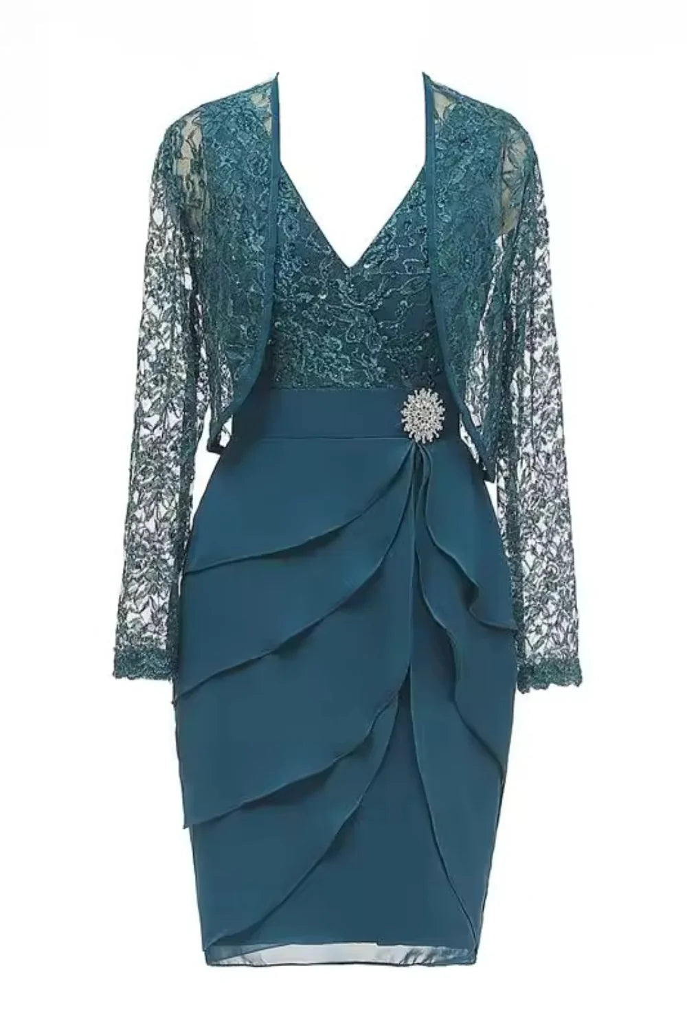 Weitese Dress Fitted Teal Blue Long Sleeves Diamond Ruffle Lace Hollow-Out Jacket Mother of the Bride Dress
