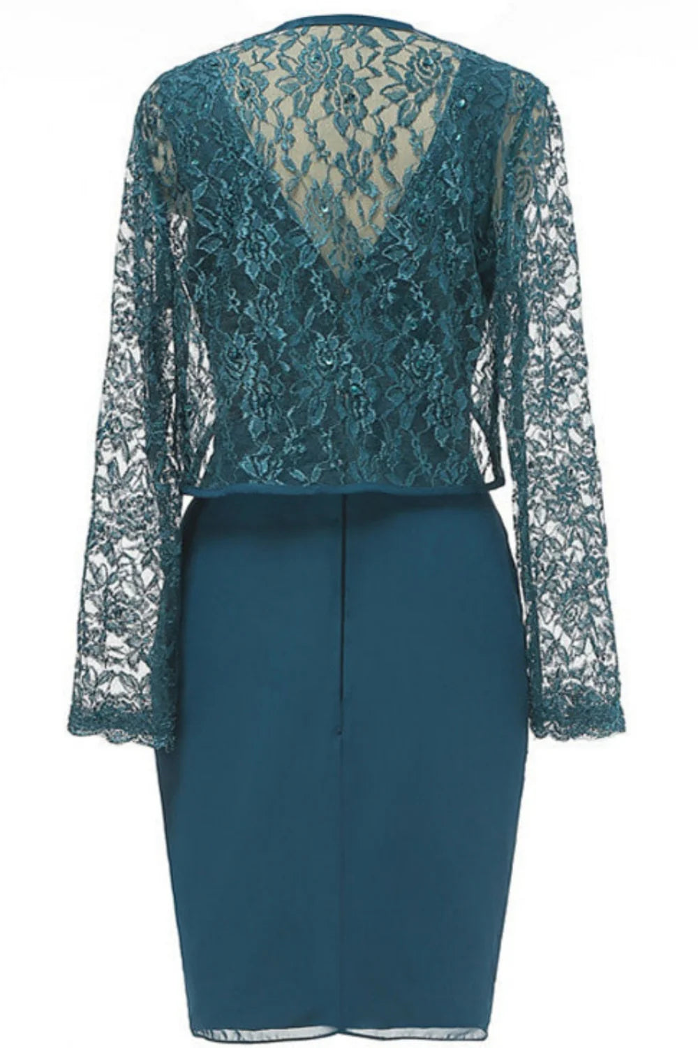Weitese Dress Fitted Teal Blue Long Sleeves Diamond Ruffle Lace Hollow-Out Jacket Mother of the Bride Dress