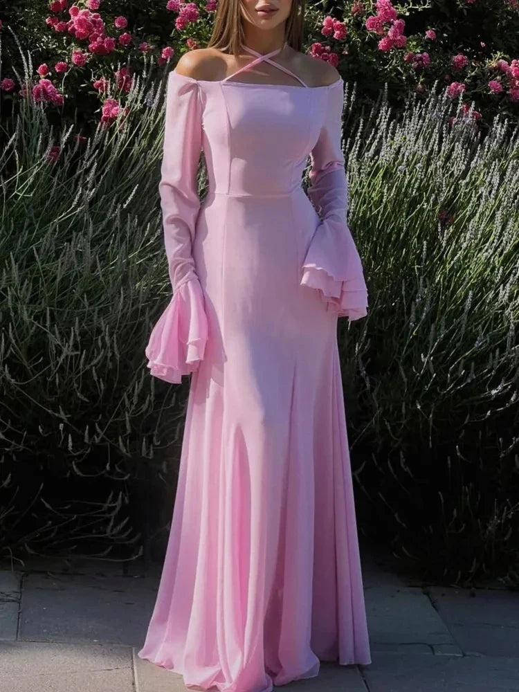 Vestido Weitese de manga larga acampanada con cordones en la espalda, vestido de fiesta elegante con hombros descubiertos, vestido de graduación 