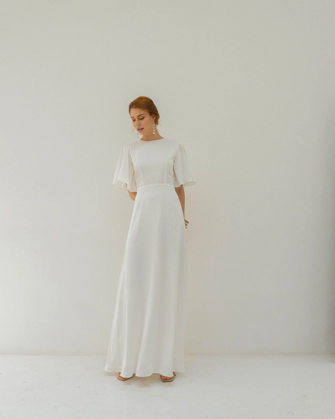 Weitese Dress Floor Length Dress Satin Wedding Dress Flutter Short Sleeves Dress Bride Dress