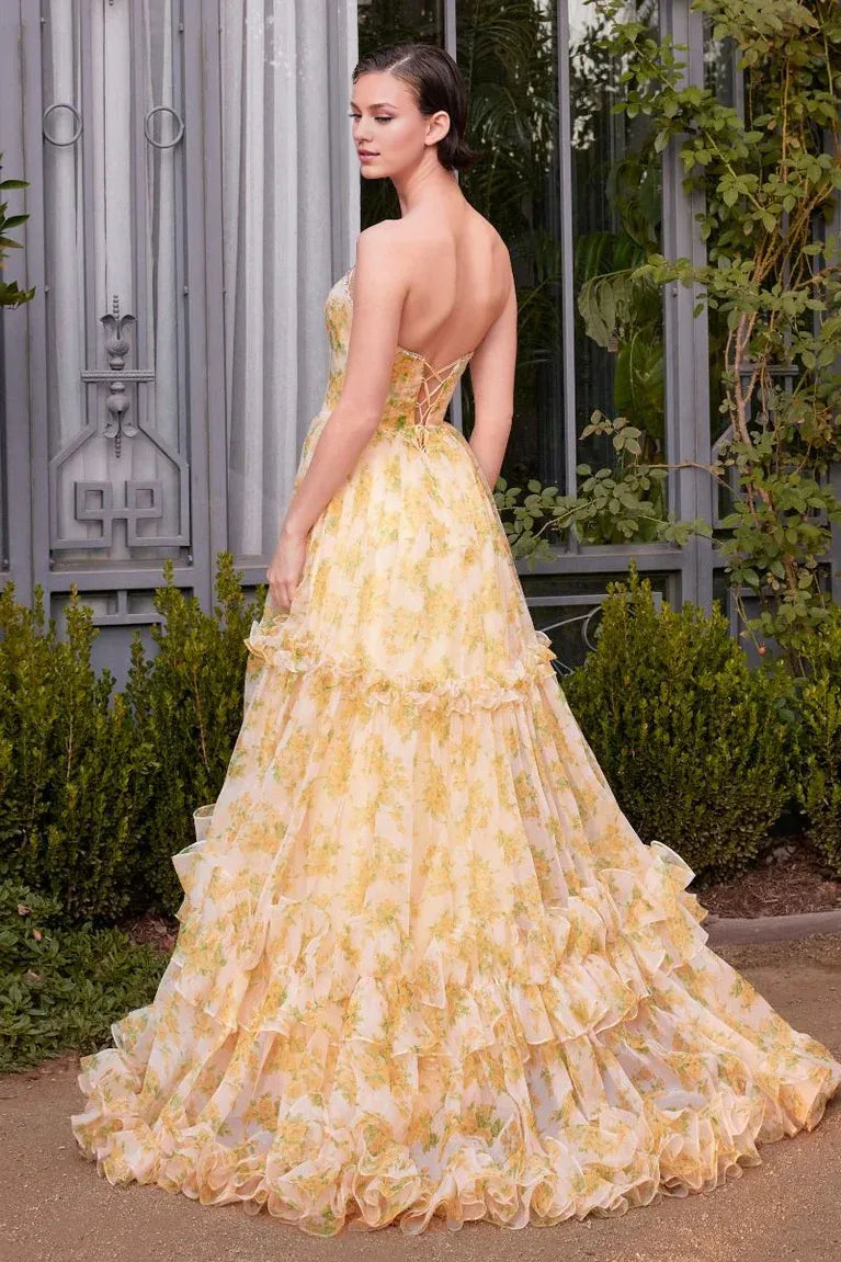 Weitese Dress Floral Chiffon Masterpiece Off - Shoulder Design Puff Sleeves Ruffled Tiered Skirt And A Striking High Slit Prom Dress