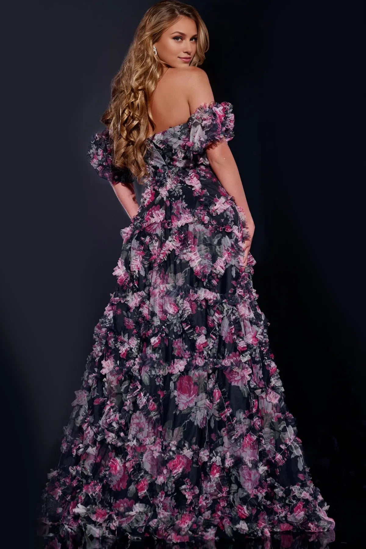 Weitese Dress Floral Evening Dress Off Shoulder Construction Ruffled Bodice Floral Printed Chiffon And A Flowy Skirt Prom Dress