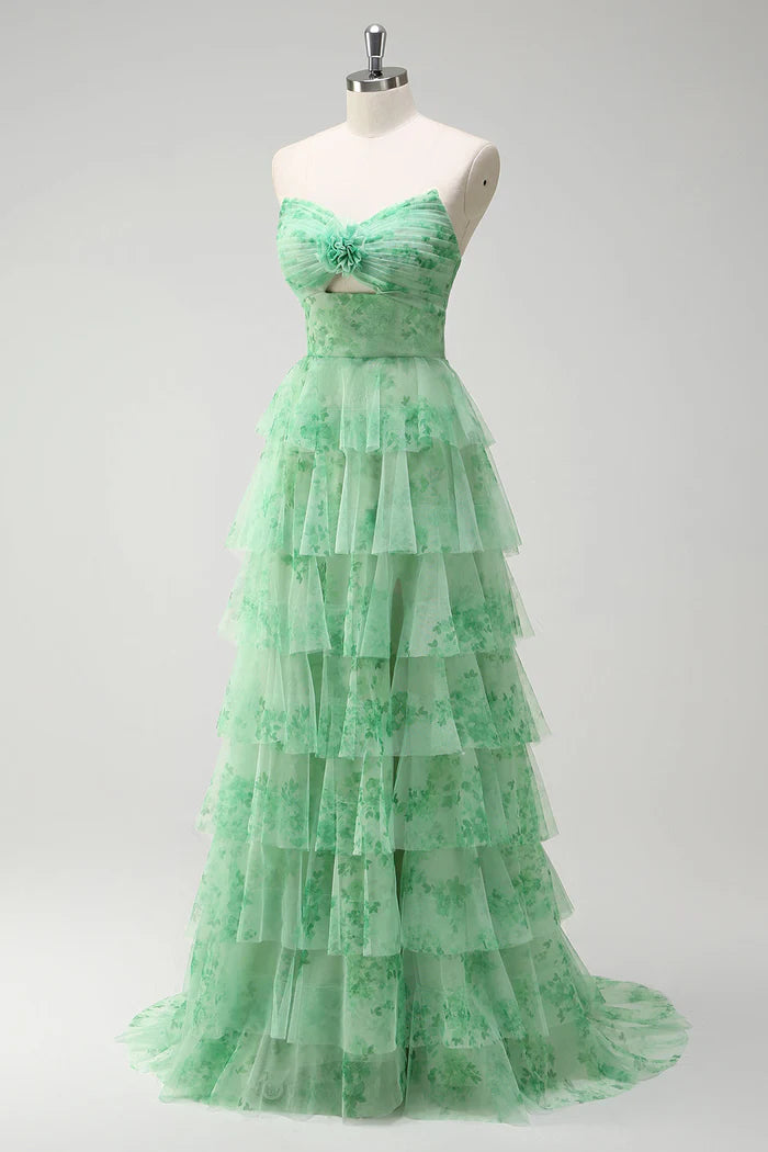 Vestido Weitese floral verde, corte A, sin tirantes, con volantes, largo, para fiesta, formal, con abertura, para noche. 